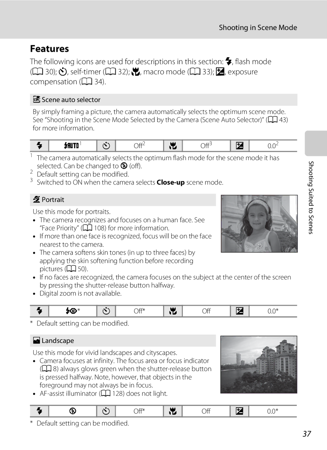 Nikon COOLPIXS1000PJ user manual Features, Shooting in Scene Mode, Off2 Off3, AF-assist illuminator a 128 does not light 