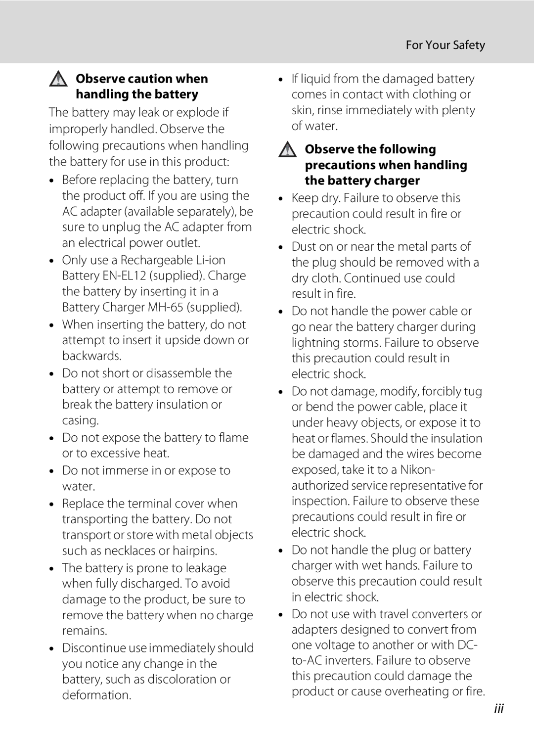 Nikon COOLPIXS1000PJ user manual Iii, For Your Safety, Observe caution when handling the battery 