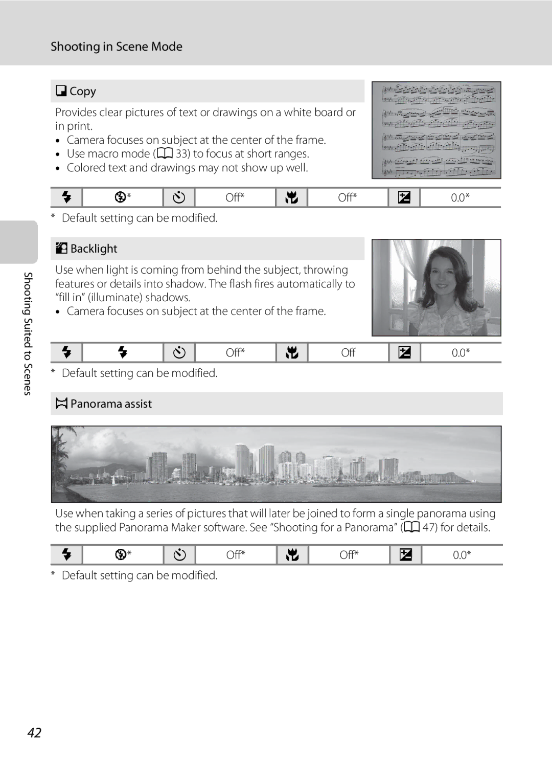 Nikon COOLPIXS1000PJ user manual Default setting can be modified Panorama assist, Off Default setting can be modified 