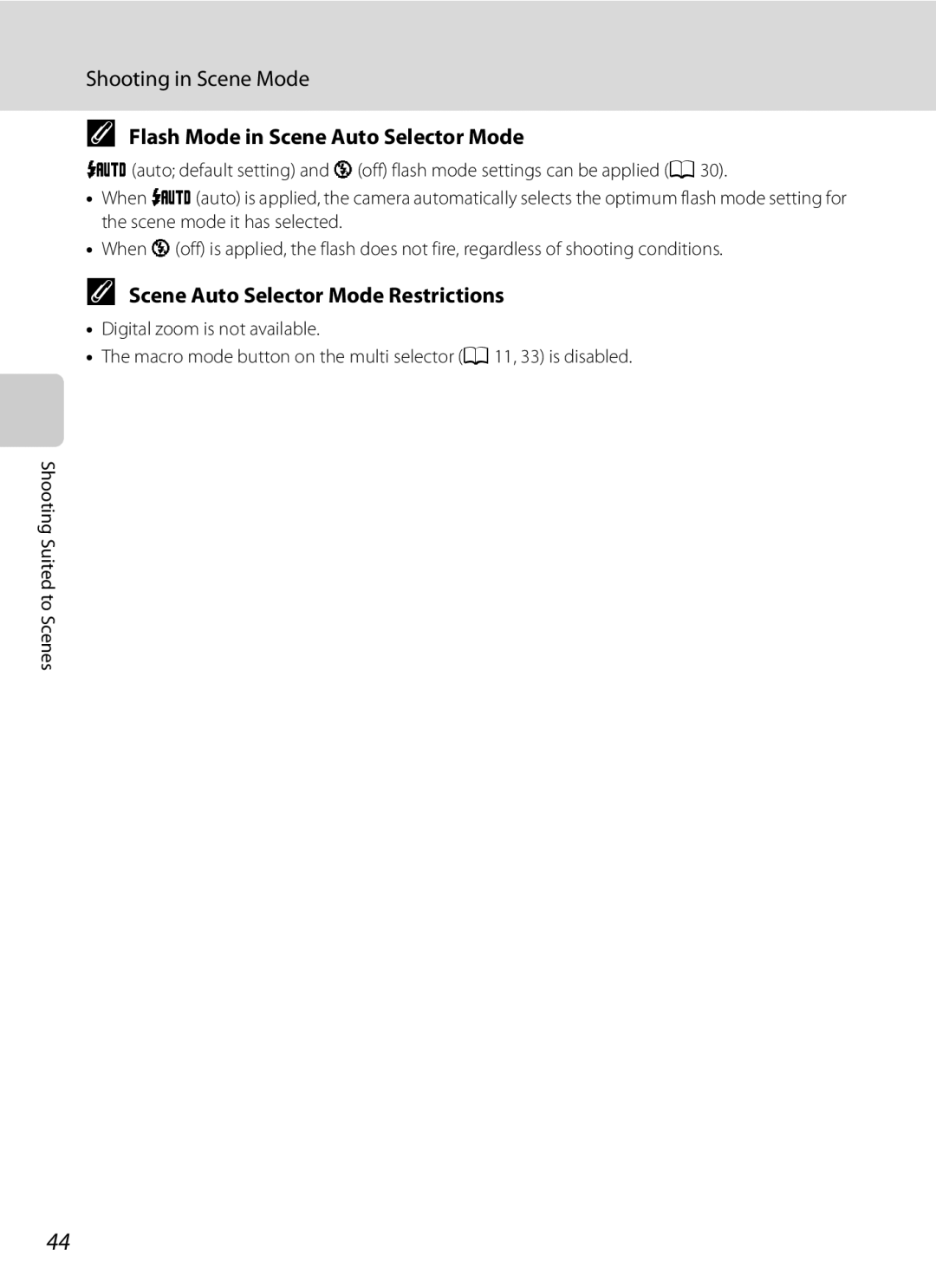 Nikon COOLPIXS1000PJ user manual Flash Mode in Scene Auto Selector Mode, Scene Auto Selector Mode Restrictions 