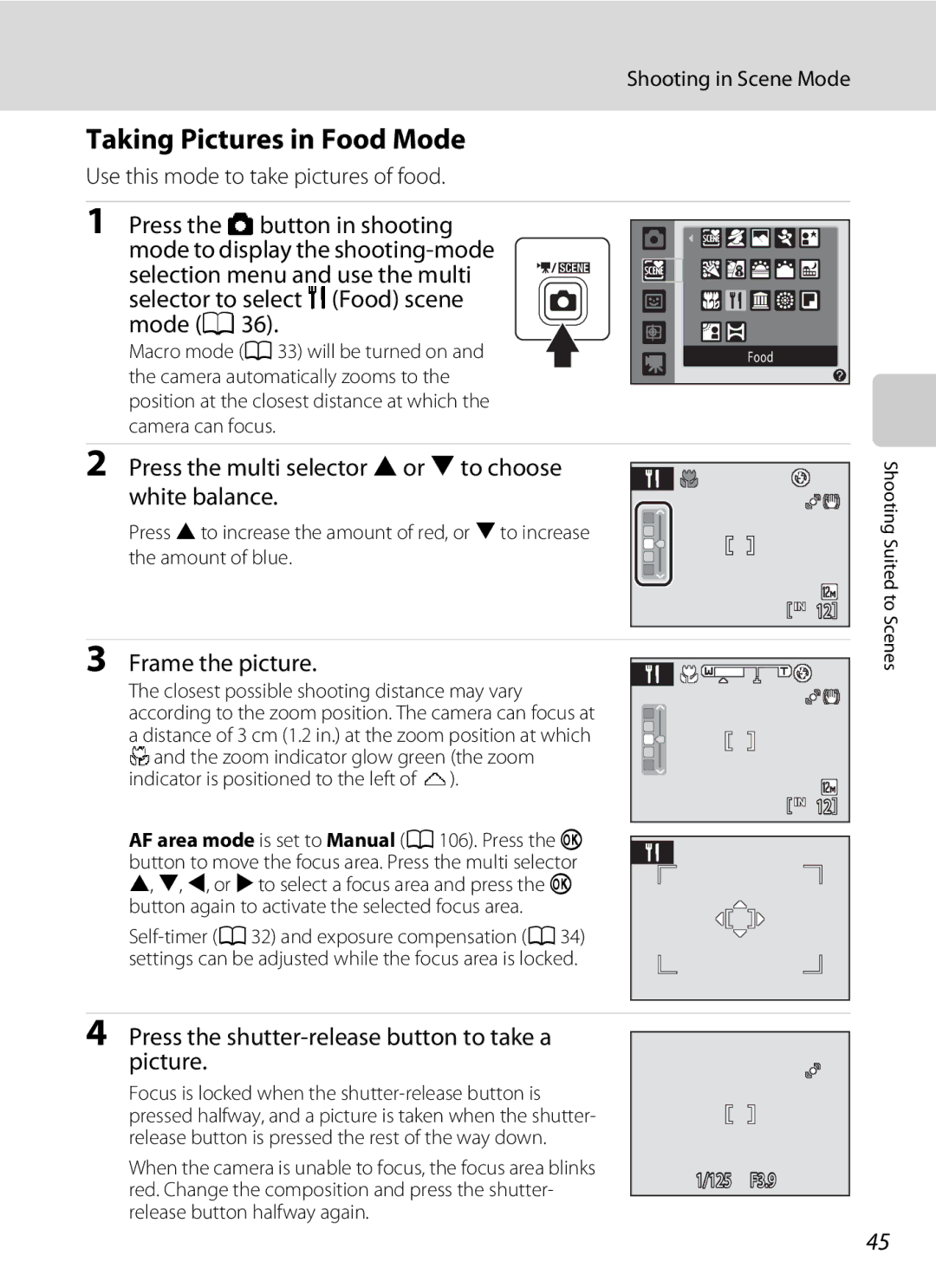 Nikon COOLPIXS1000PJ user manual Taking Pictures in Food Mode, Press the multi selector Hor I to choose white balance 