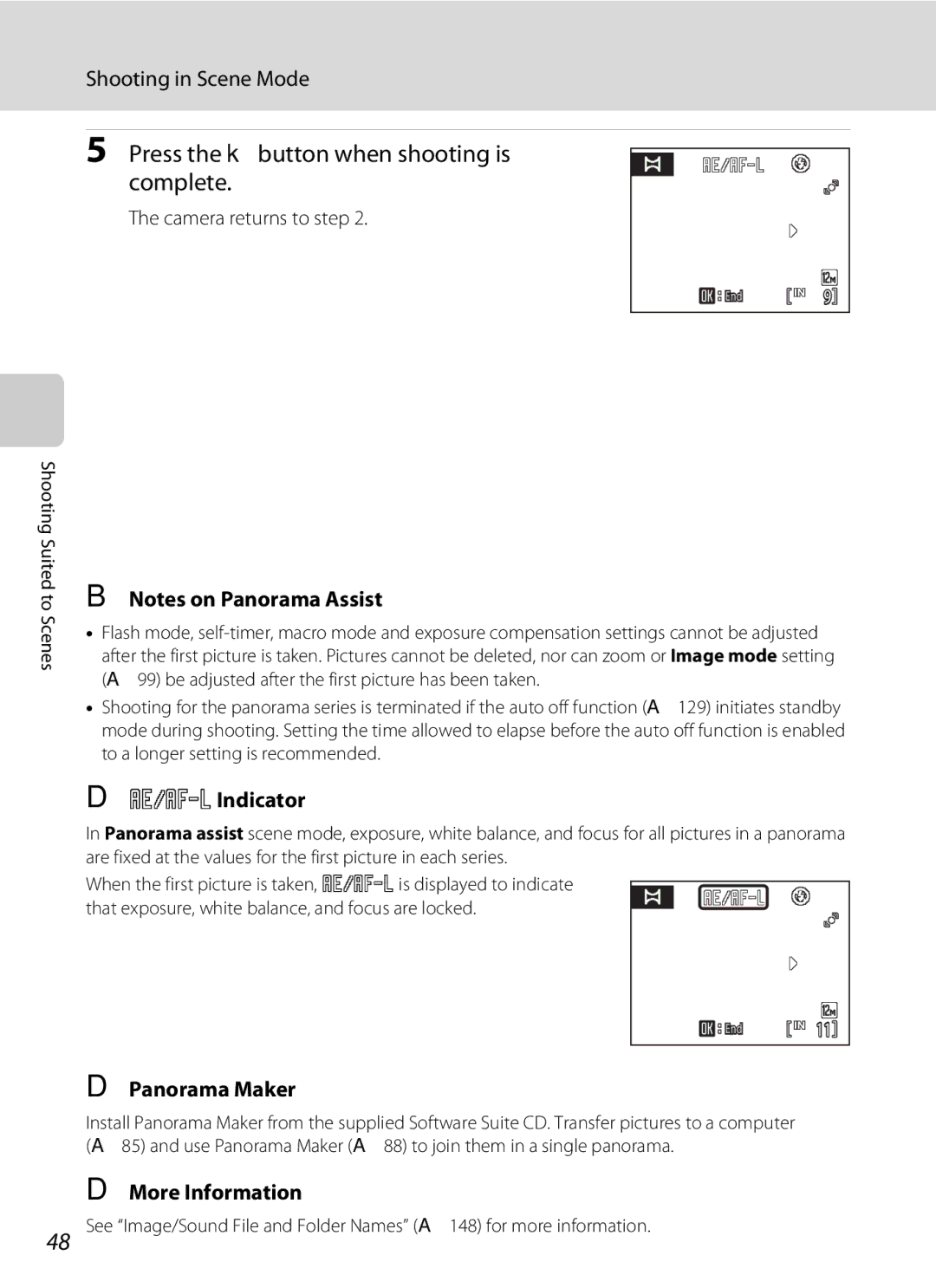 Nikon COOLPIXS1000PJ user manual Press the kbutton when shooting is complete, RIndicator, Panorama Maker, More Information 