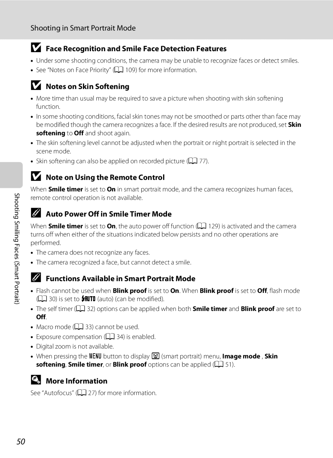 Nikon COOLPIXS1000PJ user manual Shooting in Smart Portrait Mode, Face Recognition and Smile Face Detection Features 