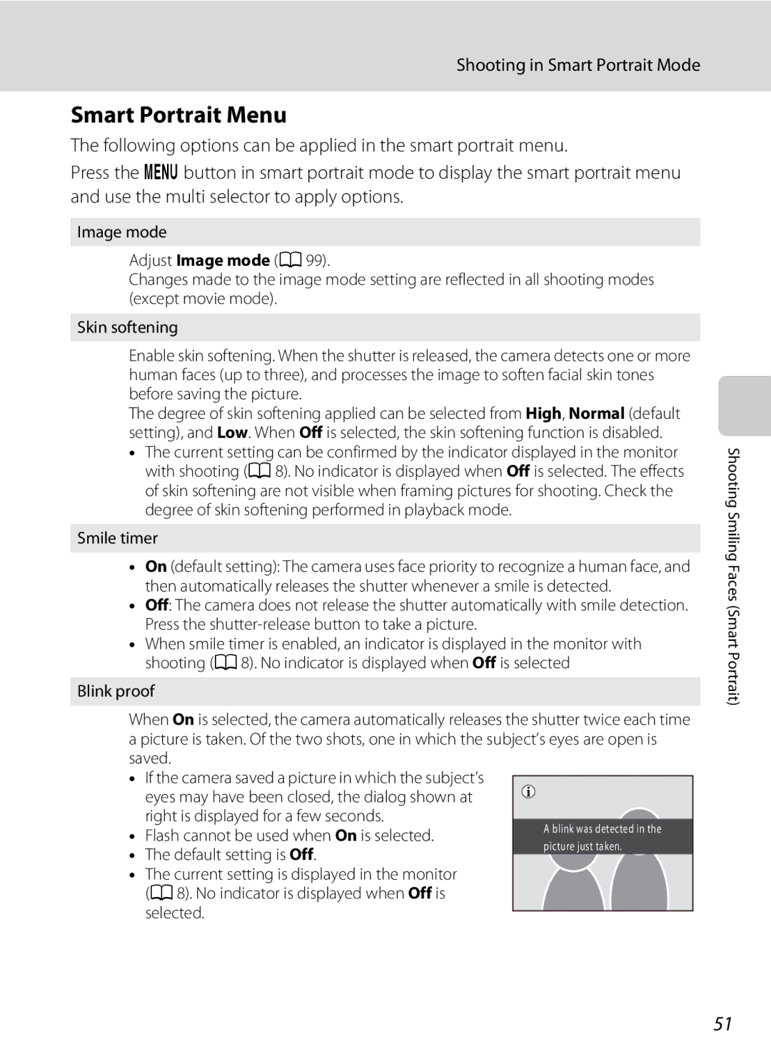 Nikon COOLPIXS1000PJ user manual Smart Portrait Menu, Adjust Image mode a, Before saving the picture, Smile timer 