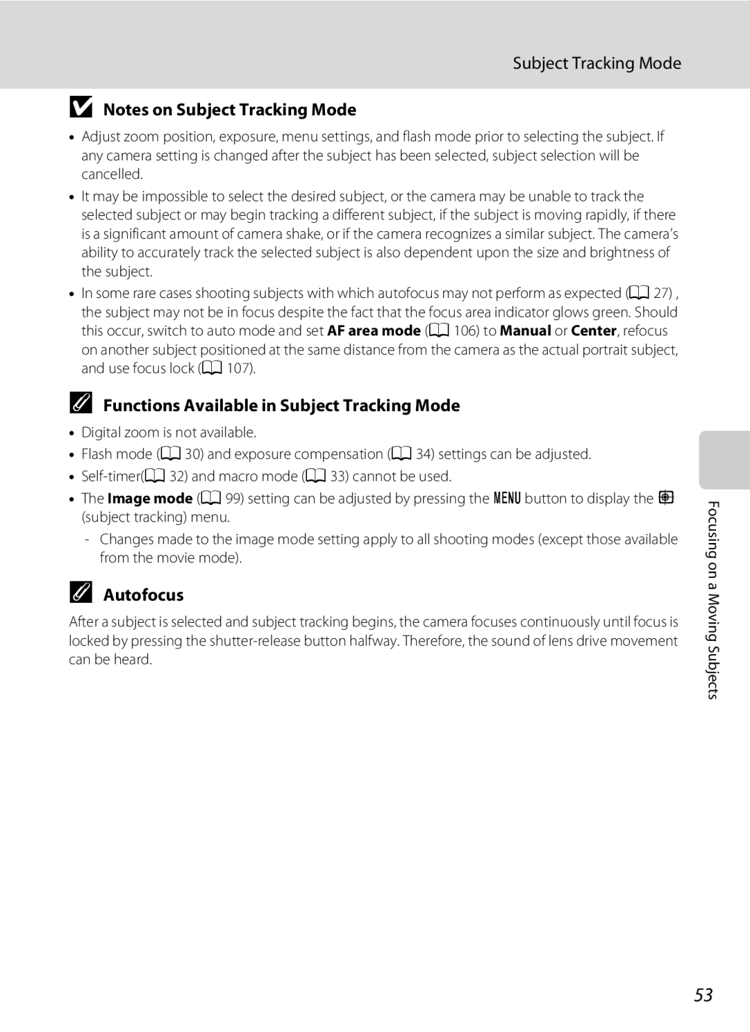 Nikon COOLPIXS1000PJ user manual Functions Available in Subject Tracking Mode 