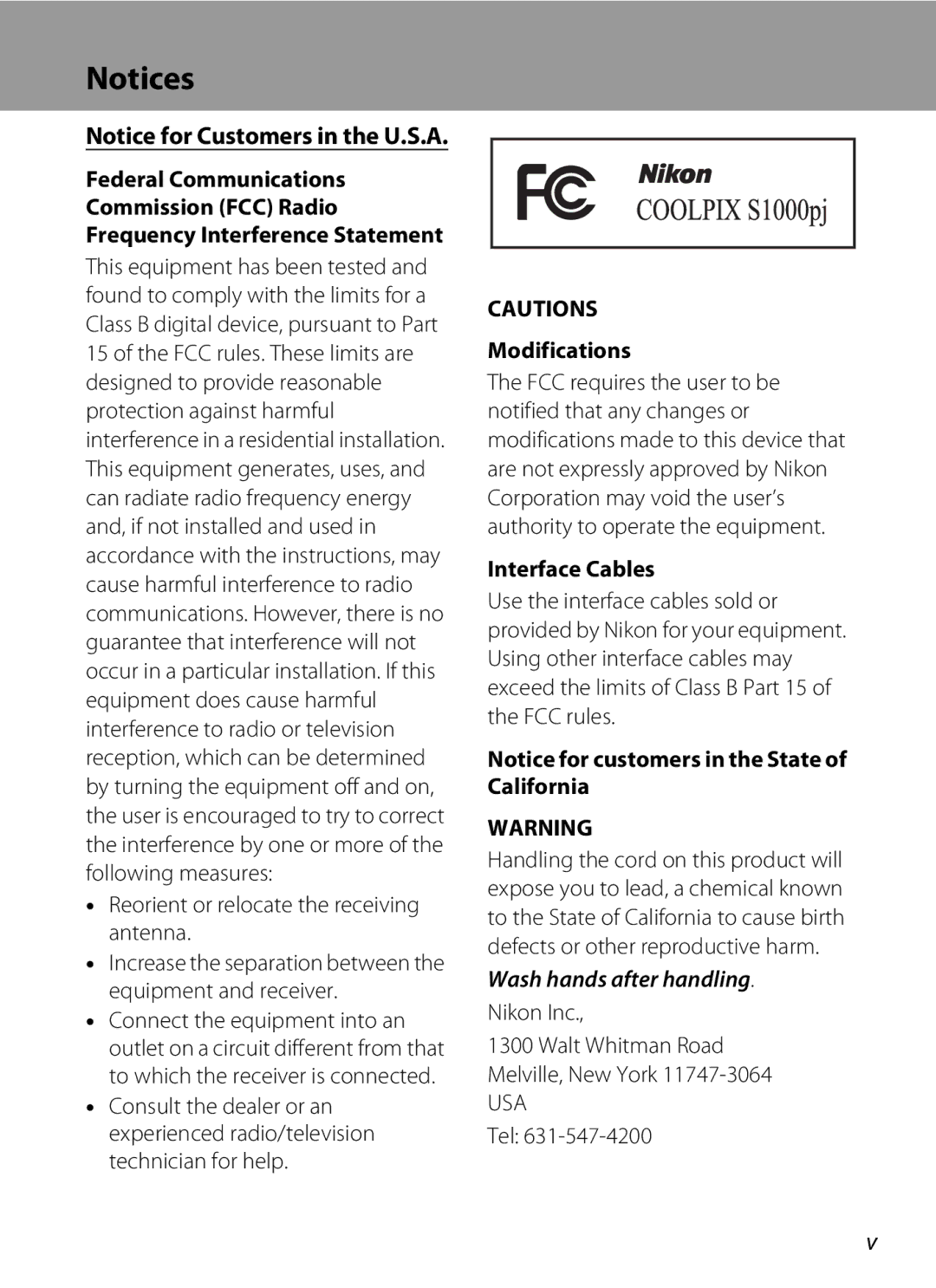 Nikon COOLPIXS1000PJ user manual Modifications, Interface Cables, Nikon Inc Walt Whitman Road Melville, New York, Tel 