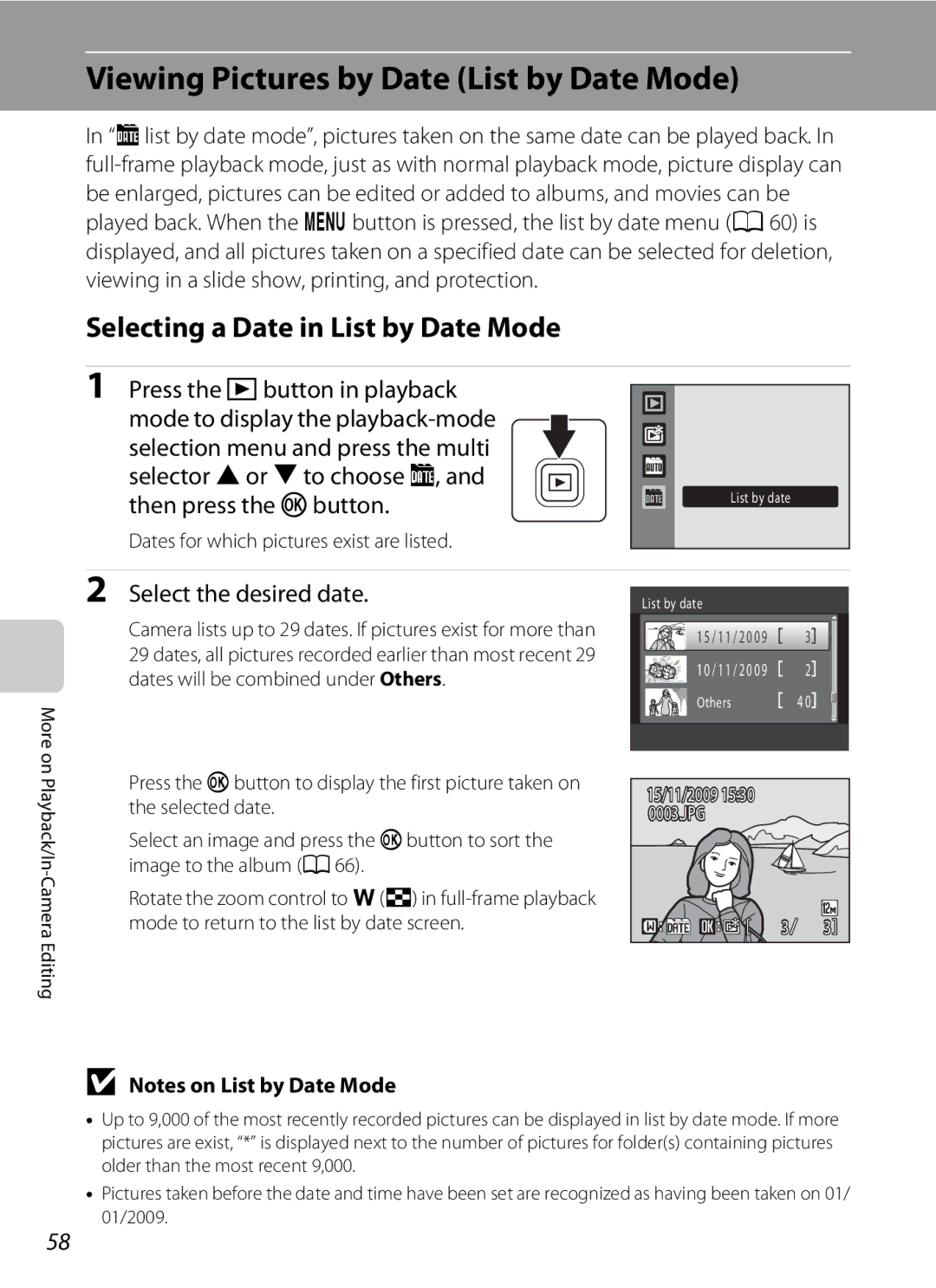 Nikon COOLPIXS1000PJ user manual Viewing Pictures by Date List by Date Mode, Selecting a Date in List by Date Mode 