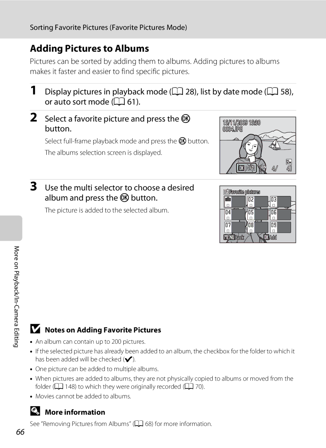 Nikon COOLPIXS1000PJ user manual Adding Pictures to Albums, Albums selection screen is displayed 