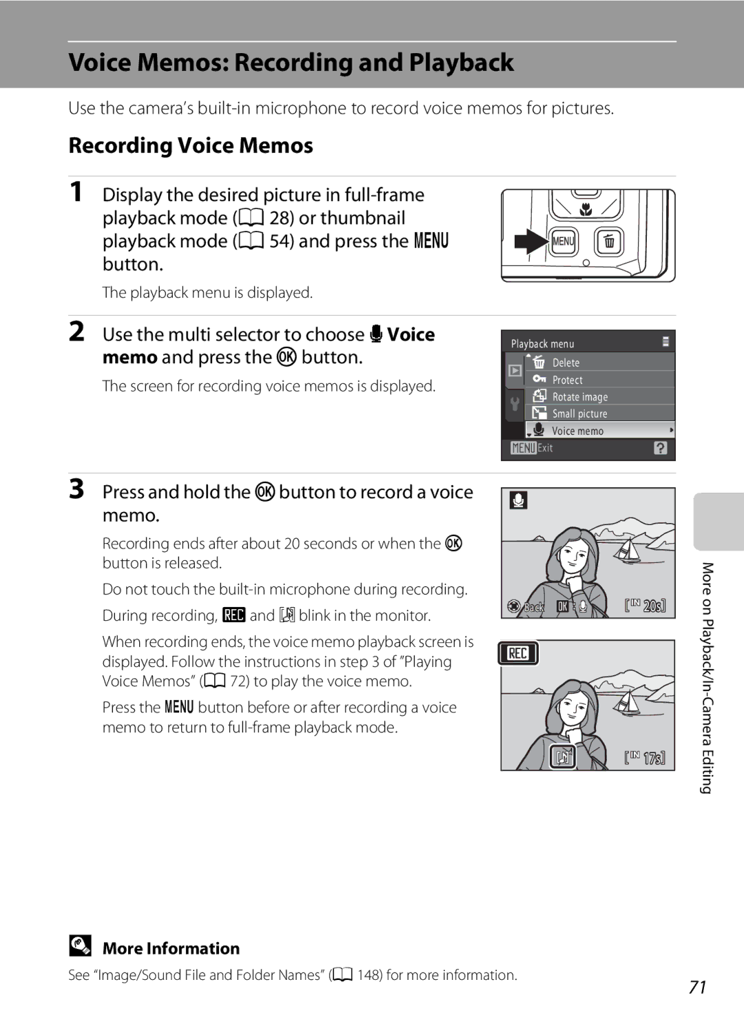 Nikon COOLPIXS1000PJ user manual Voice Memos Recording and Playback, Recording Voice Memos 