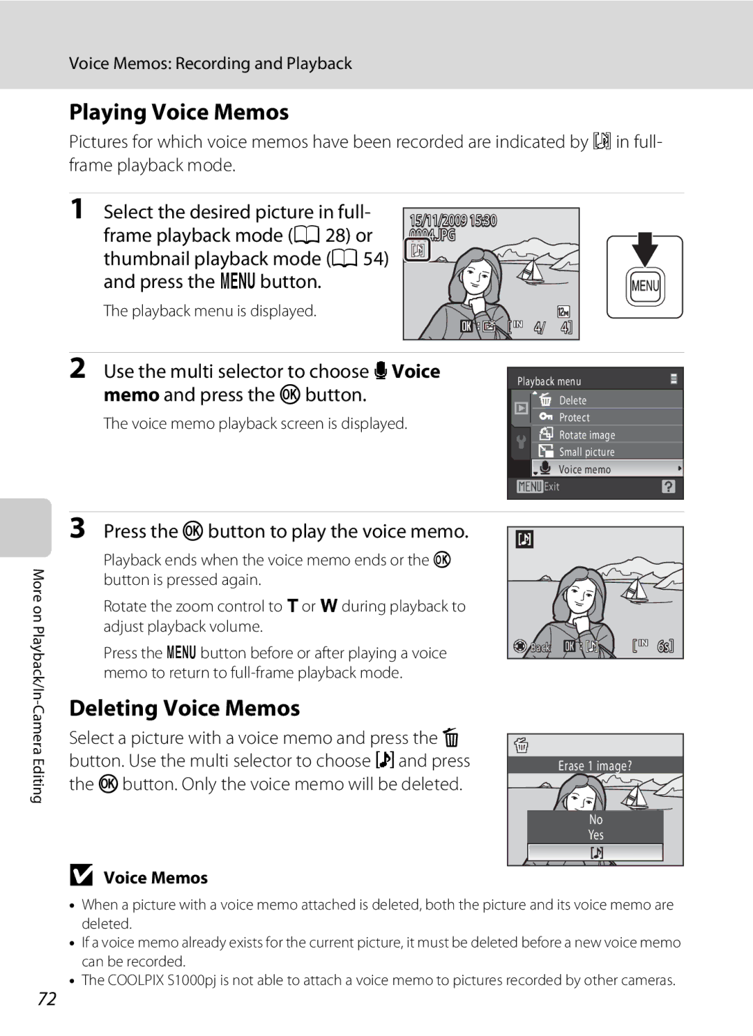 Nikon COOLPIXS1000PJ user manual Playing Voice Memos, Deleting Voice Memos, Press the k button to play the voice memo 