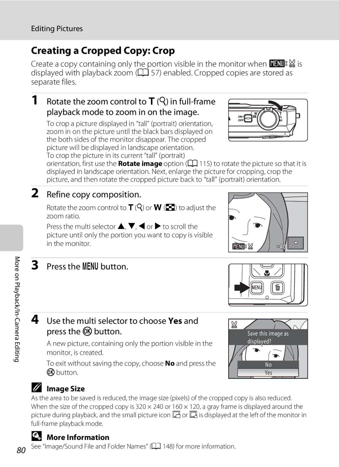 Nikon COOLPIXS1000PJ user manual Creating a Cropped Copy Crop, Refine copy composition, Press the d button, Image Size 