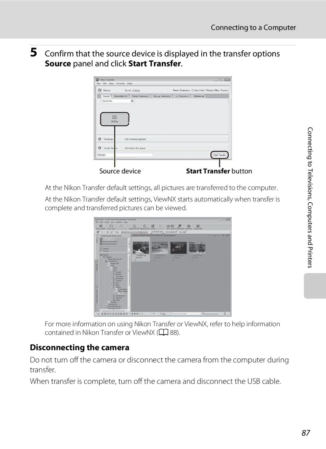 Nikon COOLPIXS1000PJ user manual Disconnecting the camera, Source device 