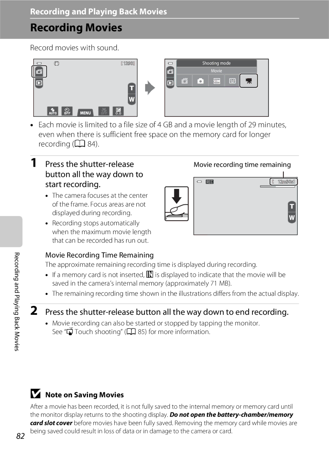 Nikon COOLPIXS100PURPLE manual Recording Movies, Press the shutter-release, Button all the way down to Start recording 