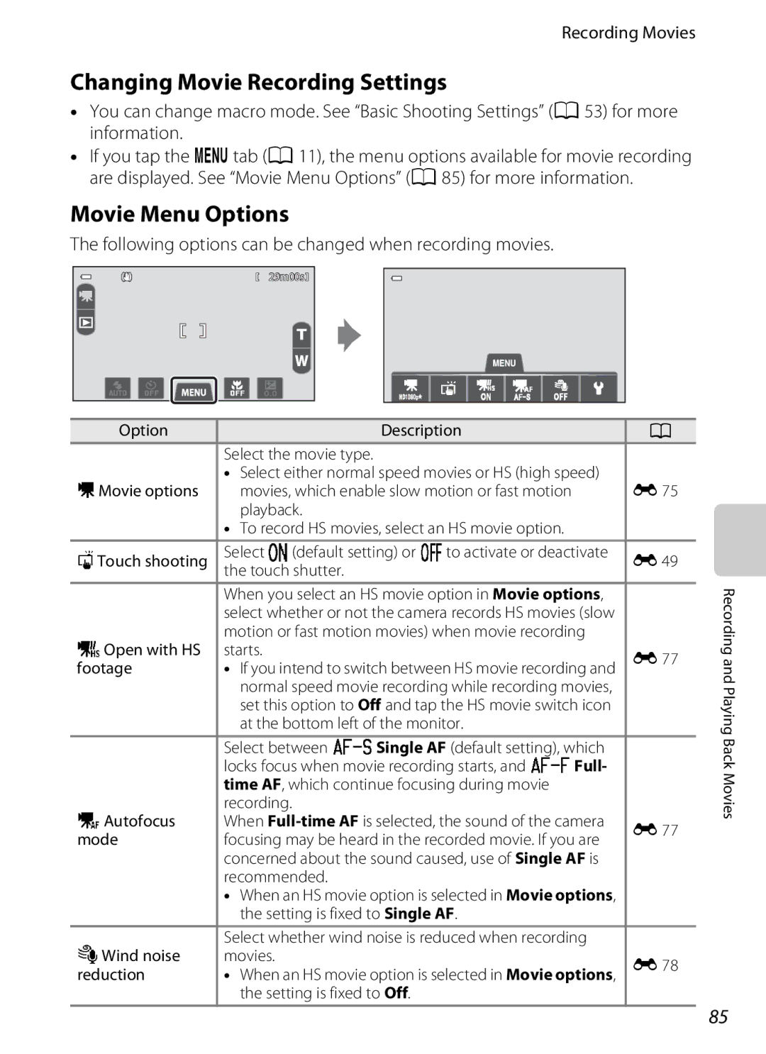 Nikon COOLPIXS100BLK, COOLPIXS100PURPLE, COOLPIXS100RED manual Changing Movie Recording Settings, Movie Menu Options 