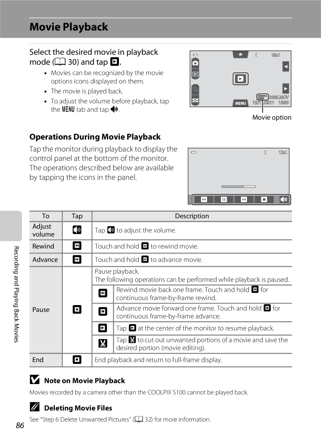 Nikon COOLPIXS100PURPLE Movie Playback, Select the desired movie in playback mode A30 and tap R, Deleting Movie Files 