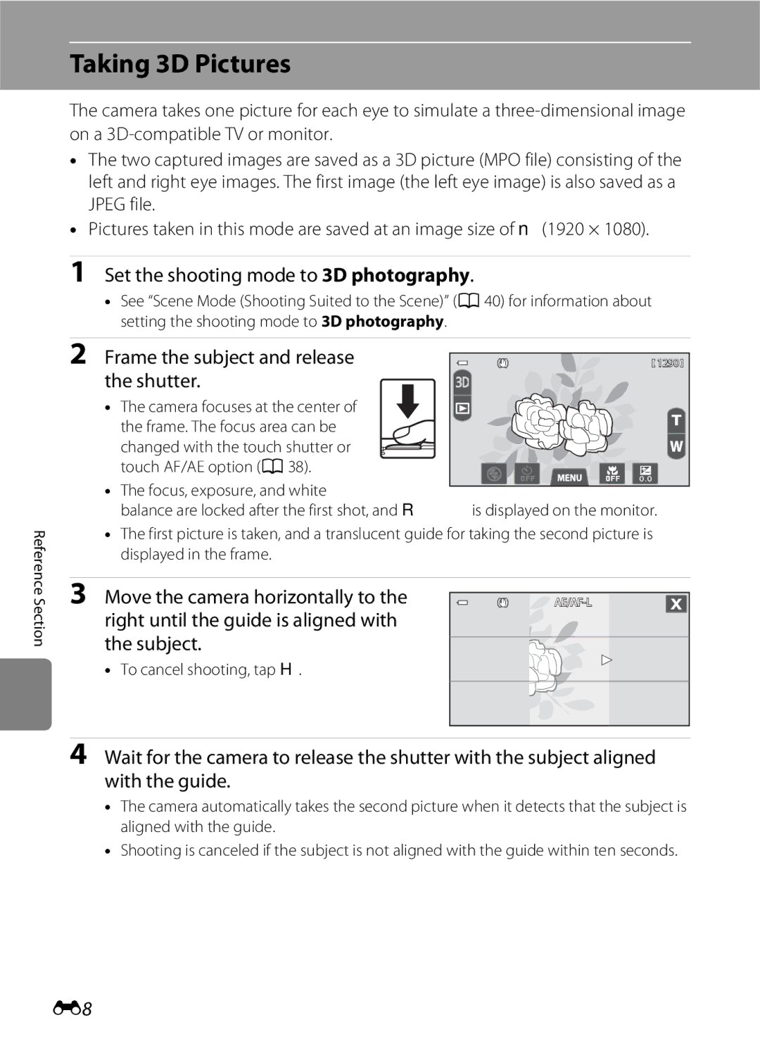 Nikon COOLPIXS100PURPLE manual Taking 3D Pictures, Set the shooting mode to 3D photography, Frame the subject and release 