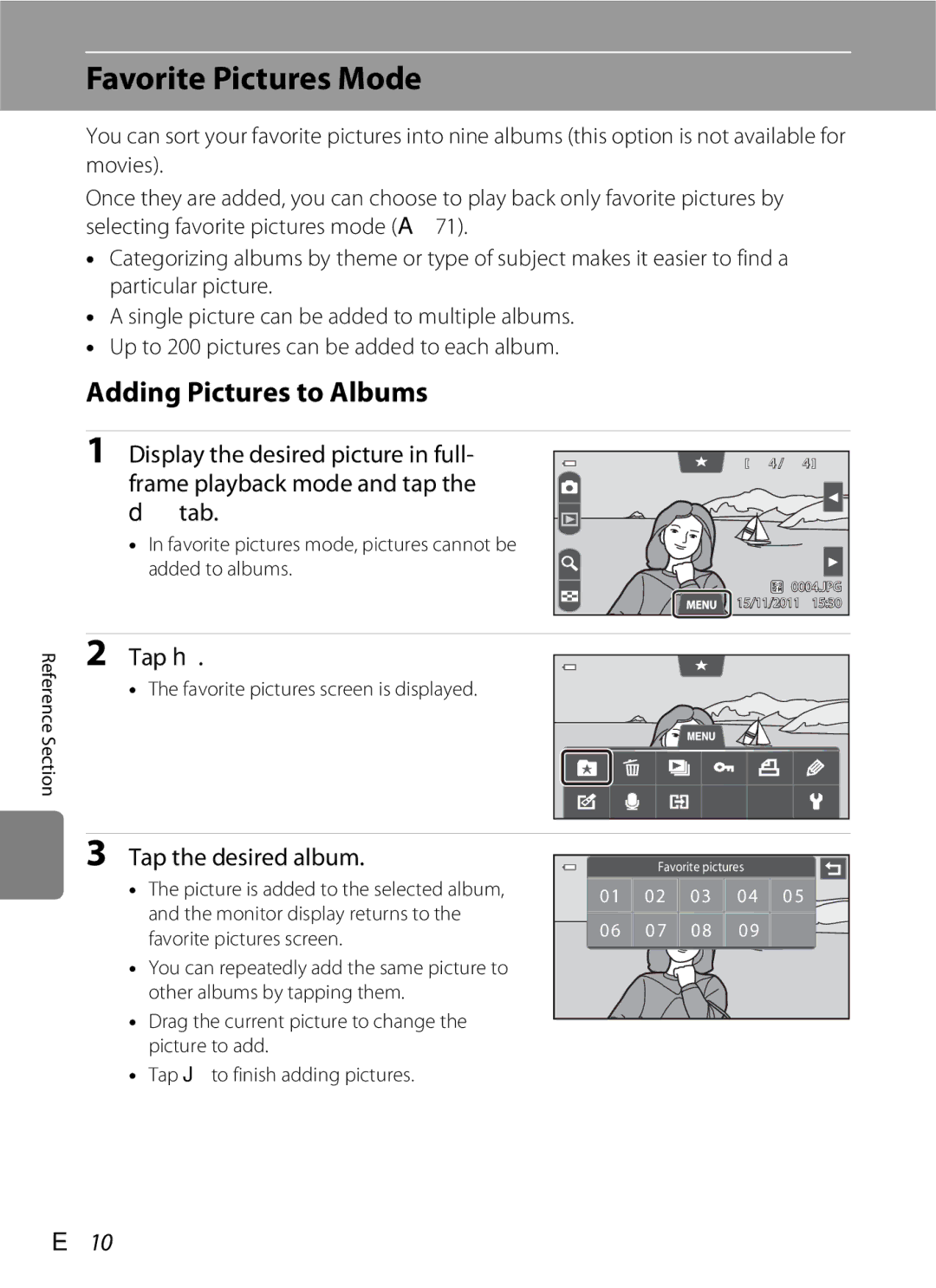 Nikon COOLPIXS100GOLD manual Favorite Pictures Mode, Adding Pictures to Albums, E10, Favorite pictures screen is displayed 