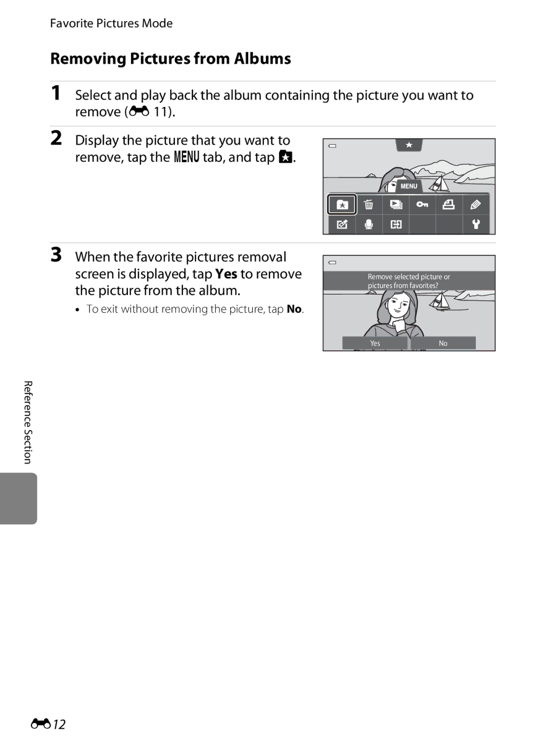 Nikon COOLPIXS100PURPLE, COOLPIXS100RED, COOLPIXS100GOLD manual Removing Pictures from Albums, E12, Favorite Pictures Mode 