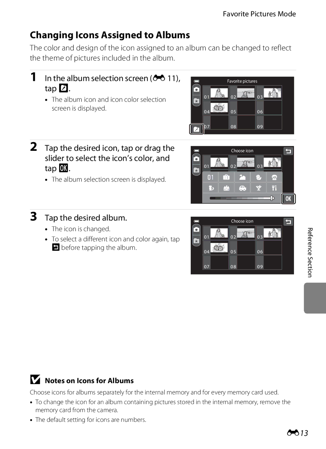 Nikon COOLPIXS100RED Changing Icons Assigned to Albums, Album selection screen E11, tap K, Tap the desired album, E13 