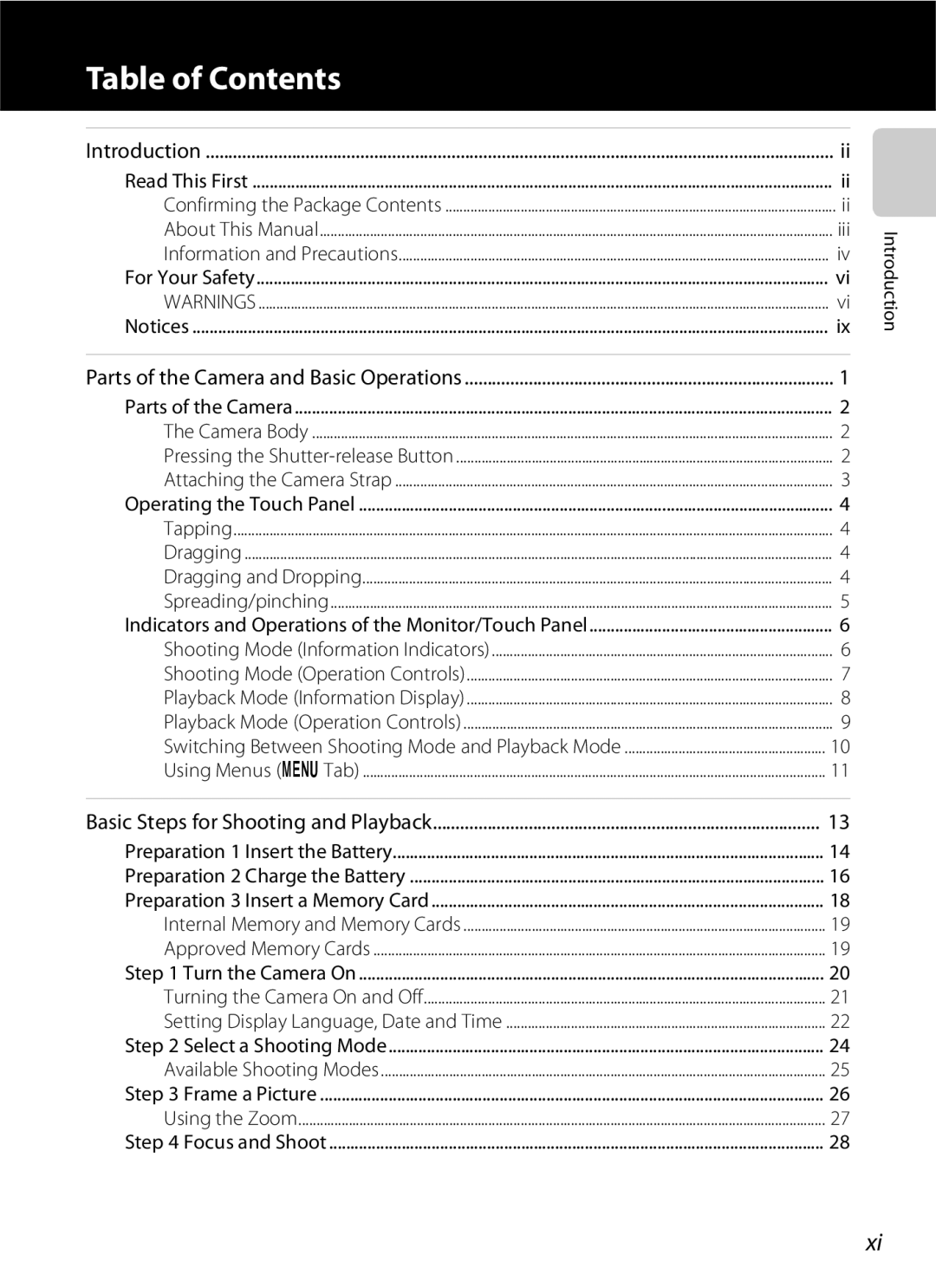 Nikon COOLPIXS100RED, COOLPIXS100PURPLE, COOLPIXS100GOLD, COOLPIXS100BLK manual Table of Contents 