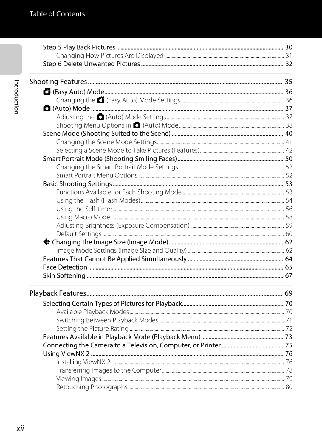 Nikon COOLPIXS100GOLD, COOLPIXS100PURPLE, COOLPIXS100RED, COOLPIXS100BLK manual Xii, Table of Contents 