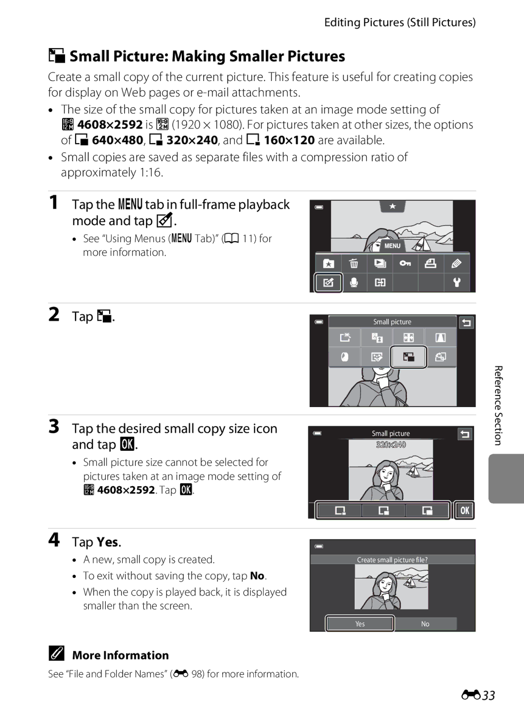 Nikon COOLPIXS100RED GSmall Picture Making Smaller Pictures, Tap g, Tap the desired small copy size icon and tap, E33 