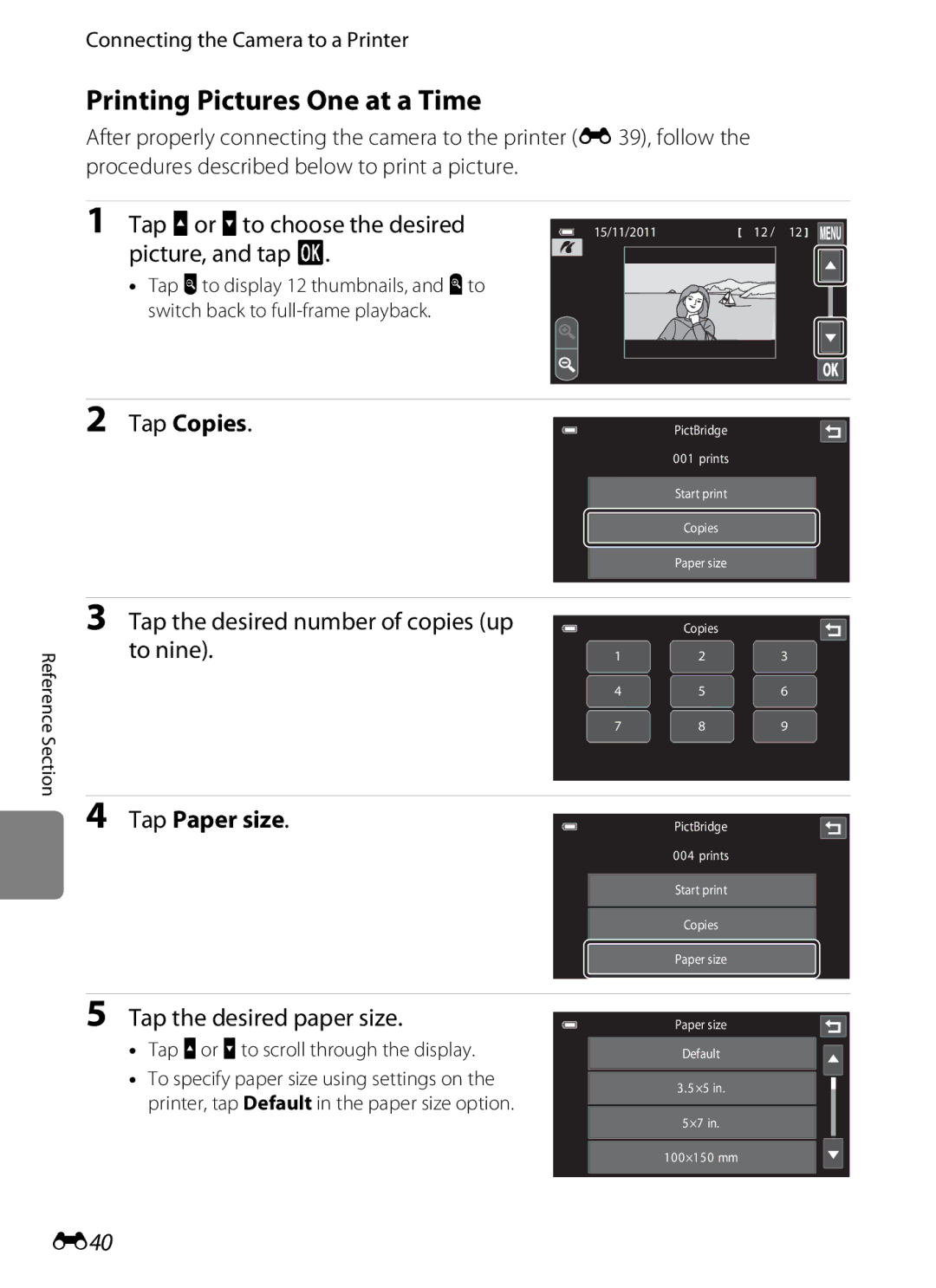 Nikon COOLPIXS100PURPLE, COOLPIXS100RED, COOLPIXS100GOLD Printing Pictures One at a Time, Tap Copies, Tap Paper size, E40 