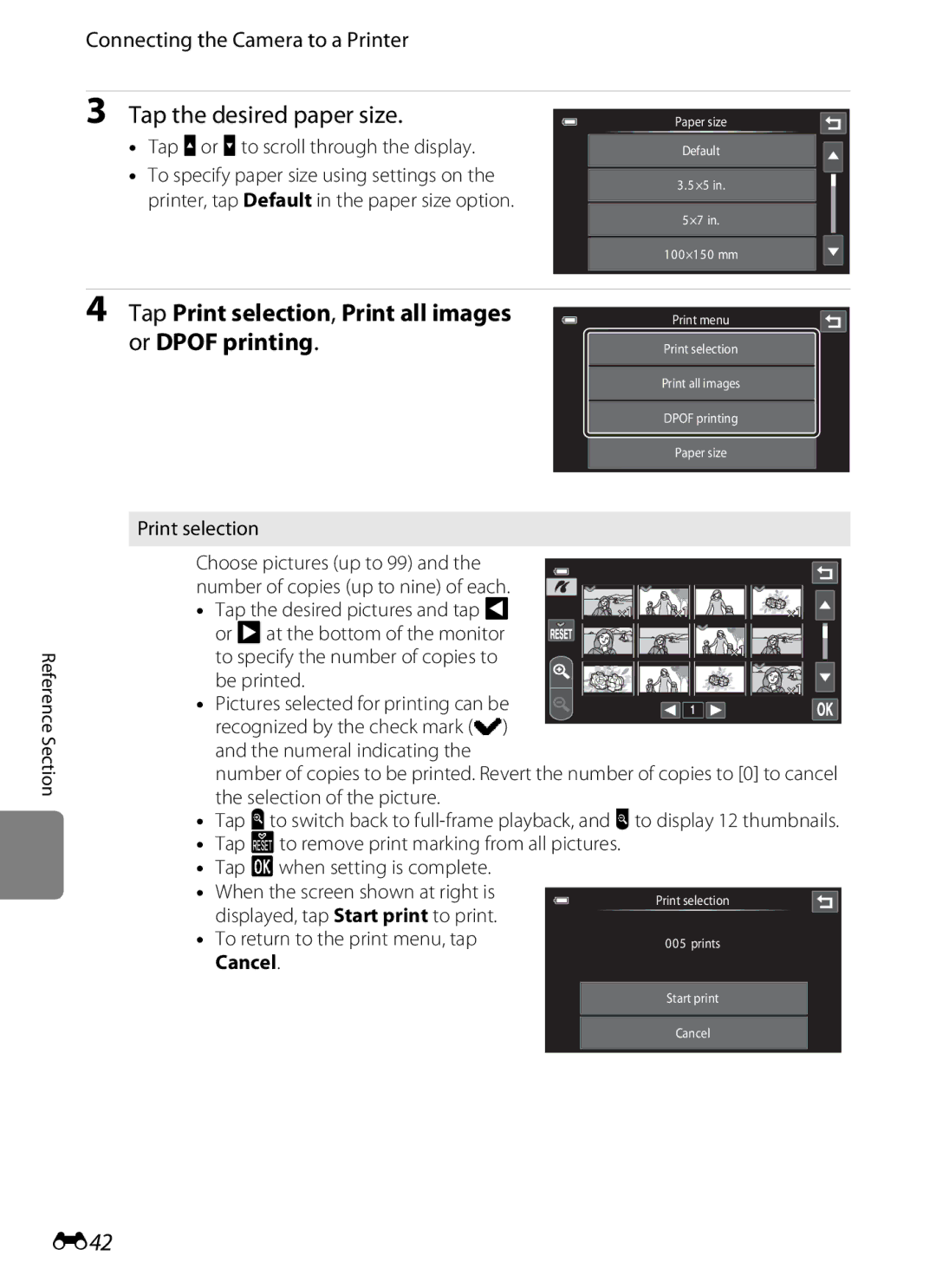 Nikon COOLPIXS100GOLD Tap Print selection, Print all images or Dpof printing, E42, To return to the print menu, tap Cancel 