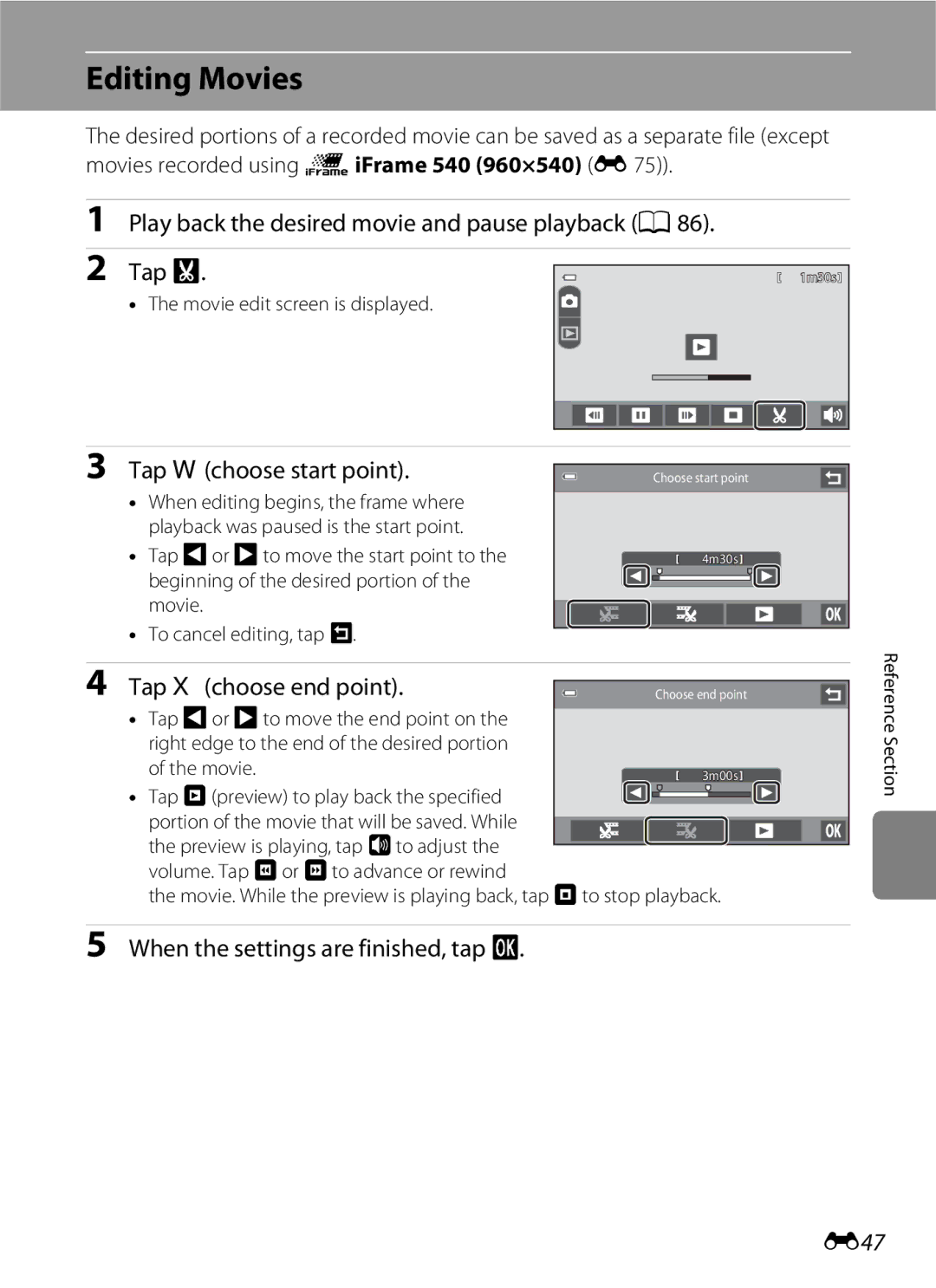 Nikon COOLPIXS100BLK, COOLPIXS100PURPLE, COOLPIXS100RED, COOLPIXS100GOLD manual Editing Movies, E47 