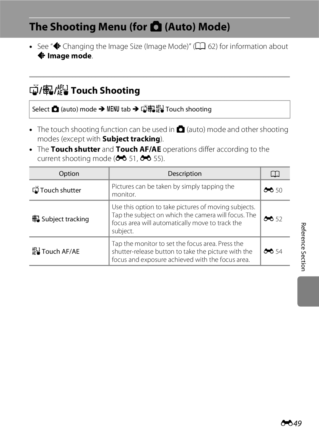 Nikon COOLPIXS100RED, COOLPIXS100PURPLE, COOLPIXS100GOLD, COOLPIXS100BLK Shooting Menu for AAuto Mode, RTouch Shooting, E49 