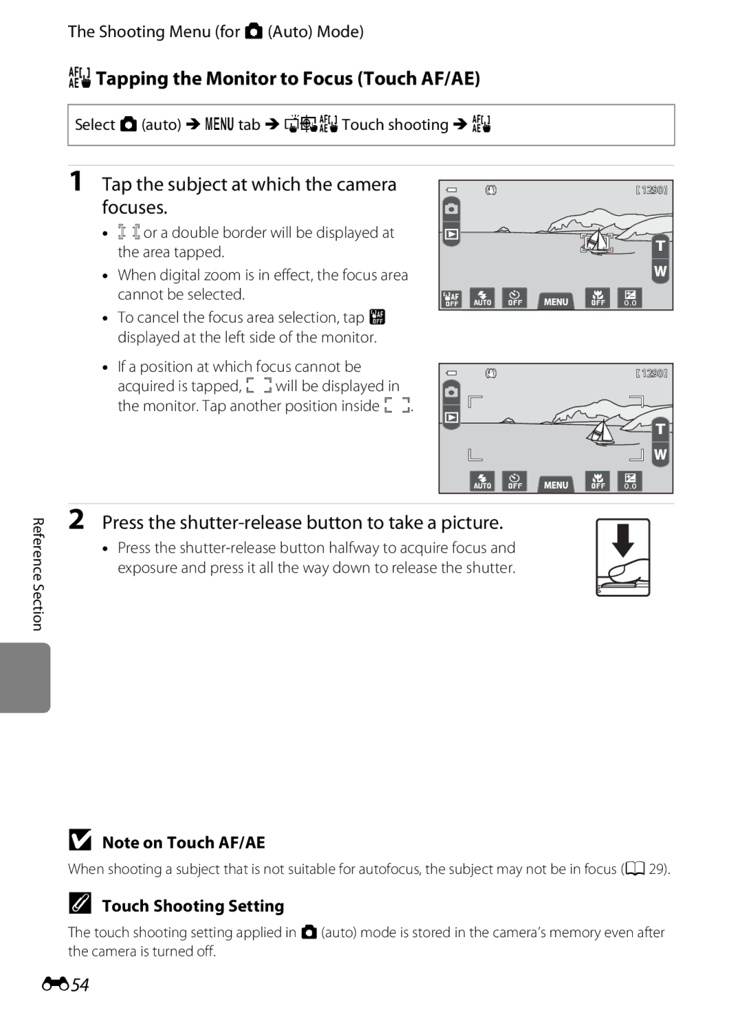 Nikon COOLPIXS100GOLD manual RTapping the Monitor to Focus Touch AF/AE, Tap the subject at which the camera focuses, E54 