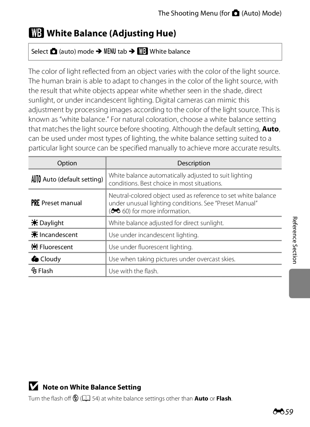 Nikon COOLPIXS100BLK WWhite Balance Adjusting Hue, E59, Select a auto mode Mdtab MWWhite balance, E60 for more information 