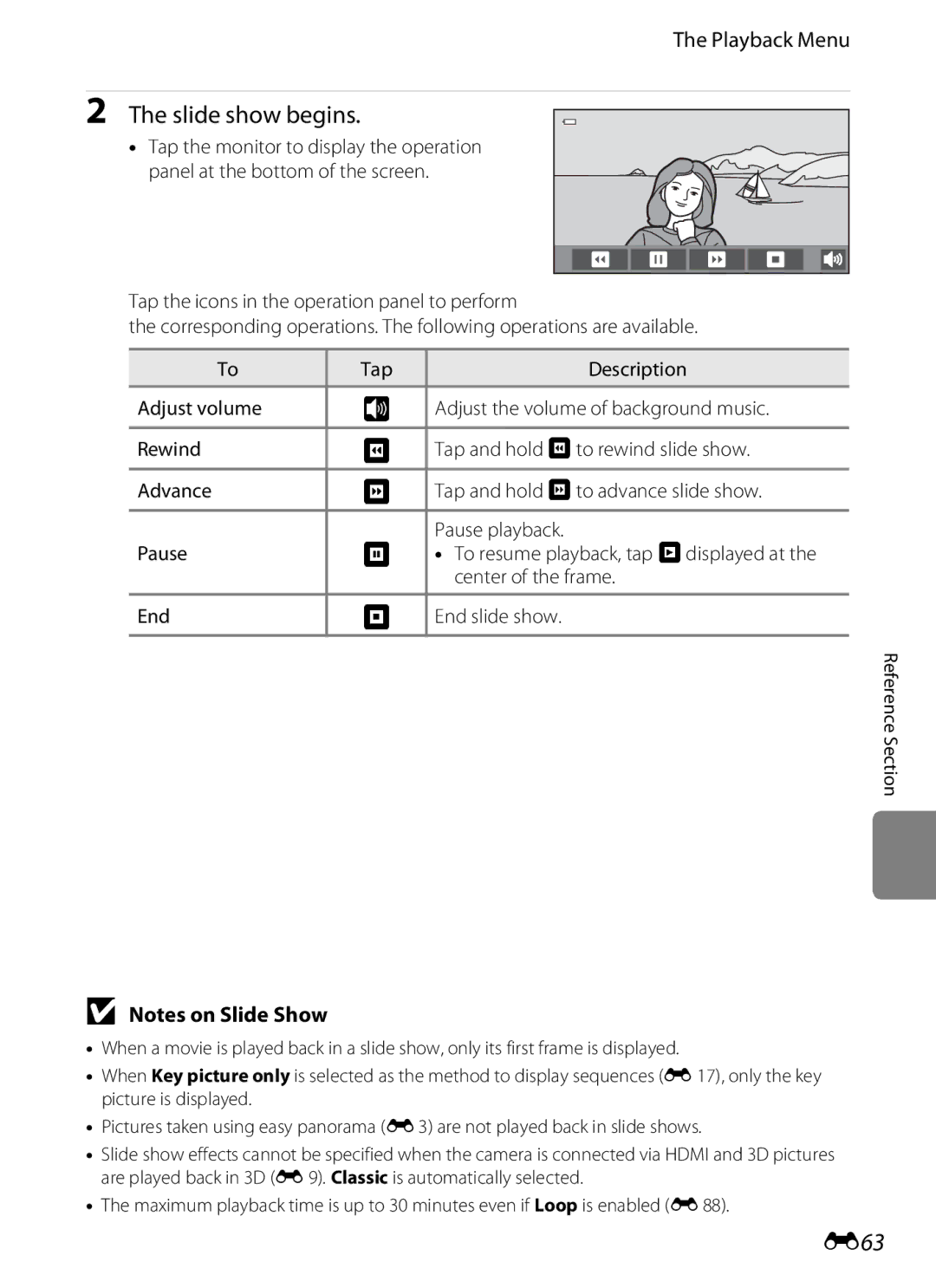 Nikon COOLPIXS100BLK, COOLPIXS100PURPLE, COOLPIXS100RED manual Slide show begins, E63, Playback Menu, End End slide show 