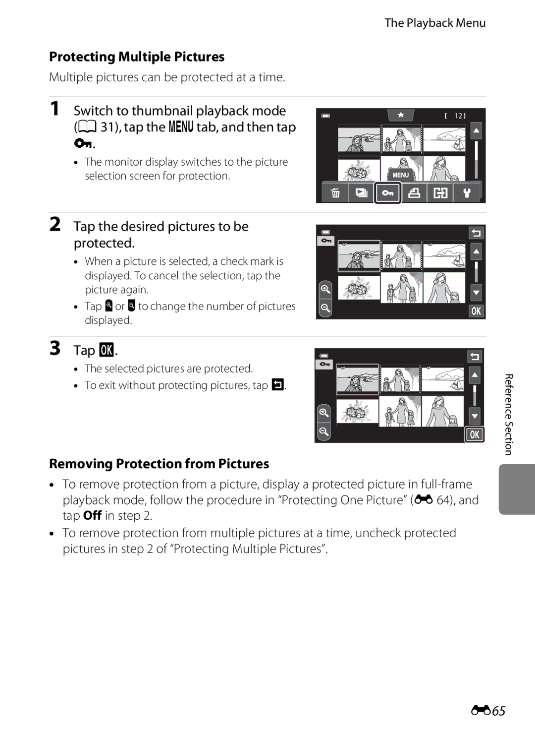 Nikon COOLPIXS100RED, COOLPIXS100PURPLE manual Protecting Multiple Pictures, Tap the desired pictures to be Protected, E65 