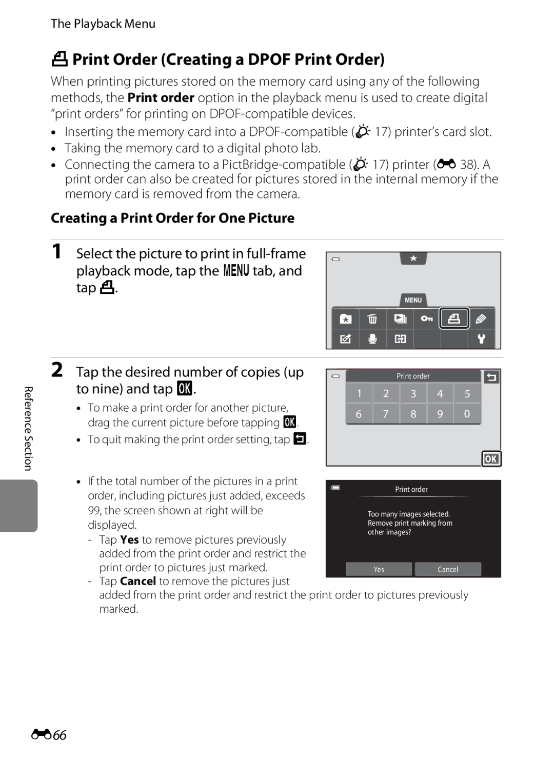 Nikon COOLPIXS100GOLD manual APrint Order Creating a Dpof Print Order, Creating a Print Order for One Picture, E66 