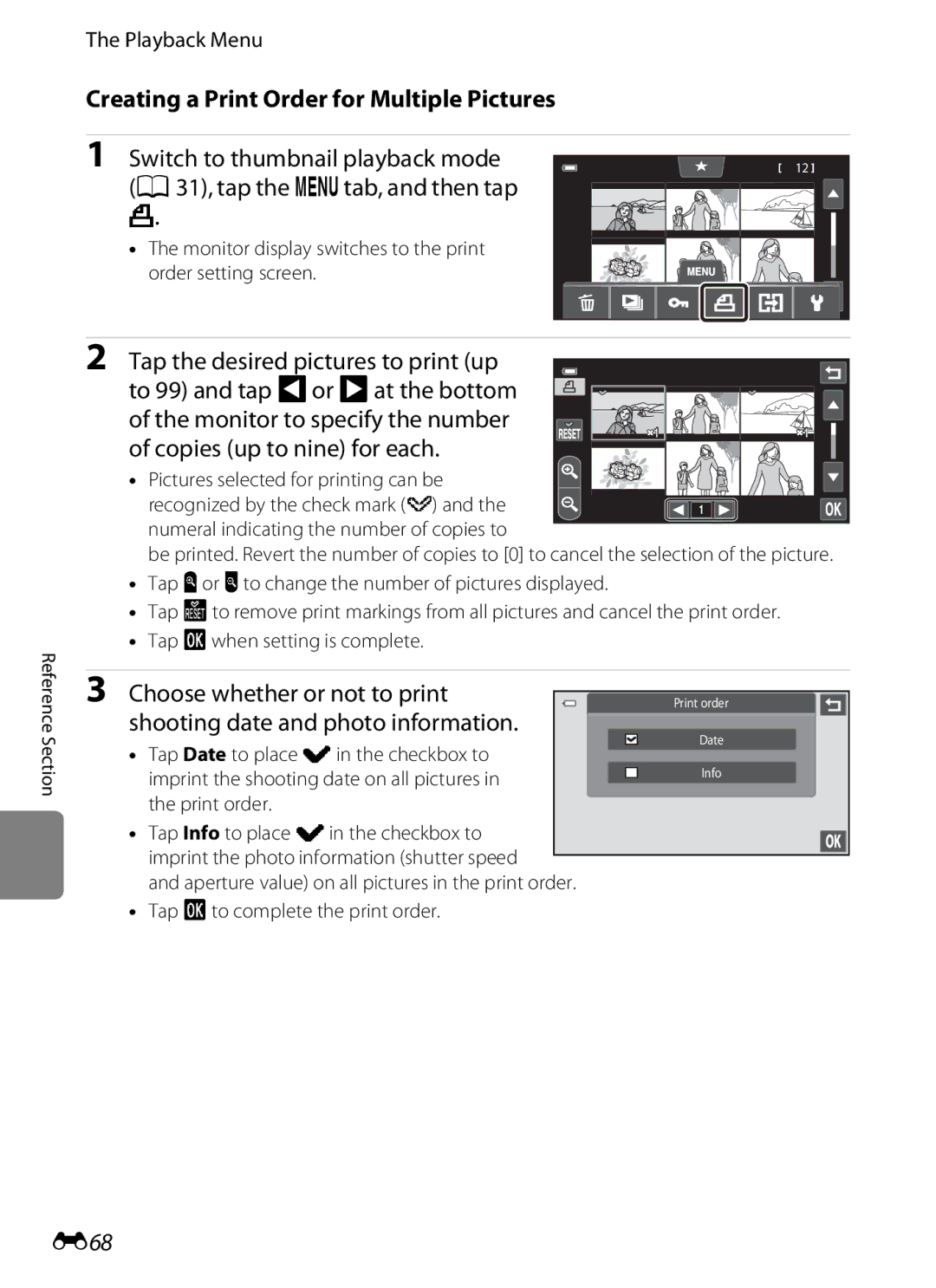 Nikon COOLPIXS100PURPLE, COOLPIXS100RED Creating a Print Order for Multiple Pictures, Choose whether or not to print, E68 