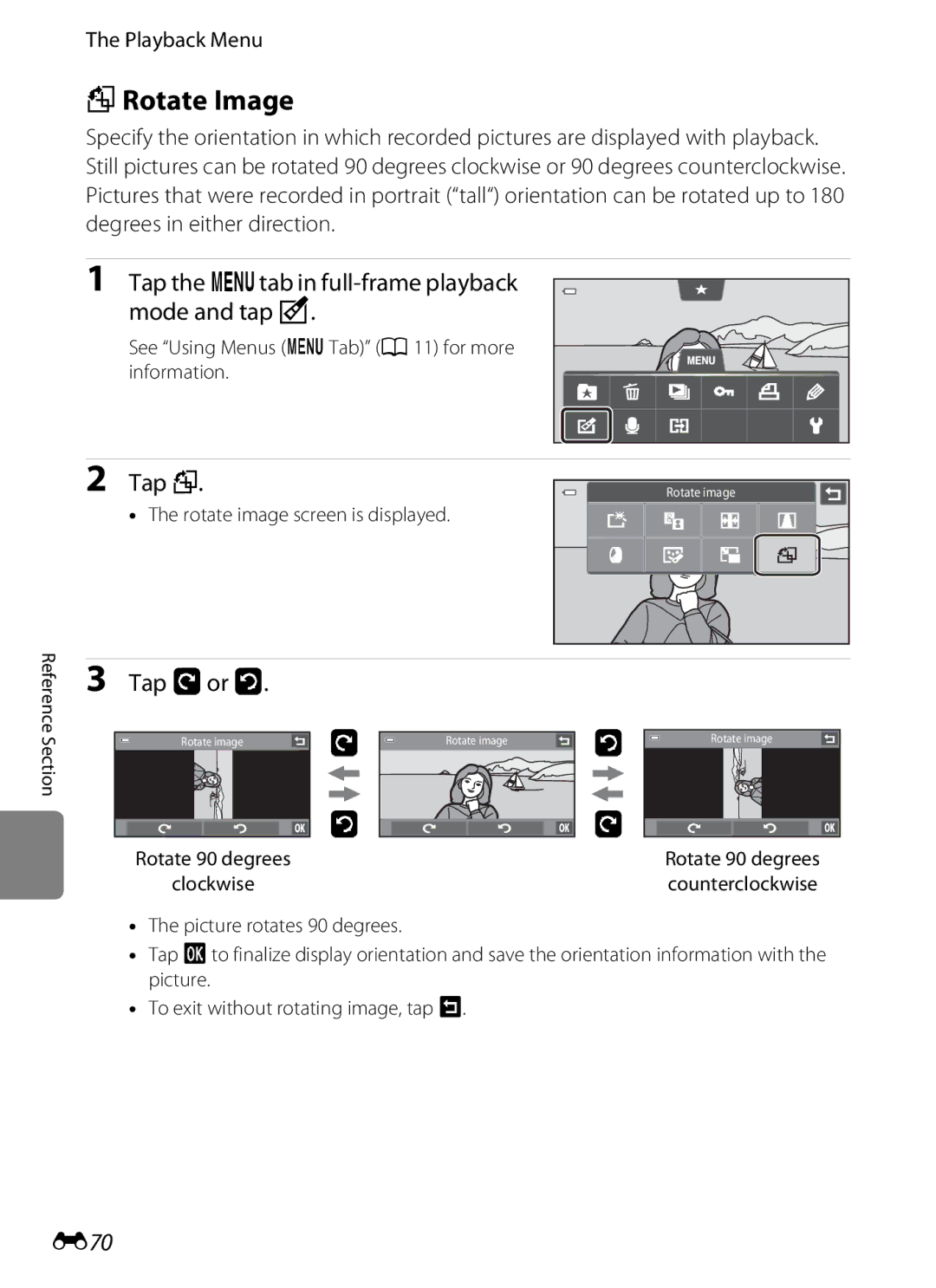 Nikon COOLPIXS100GOLD, COOLPIXS100PURPLE manual FRotate Image, Tap f, Tap Jor, E70, Rotate image screen is displayed 