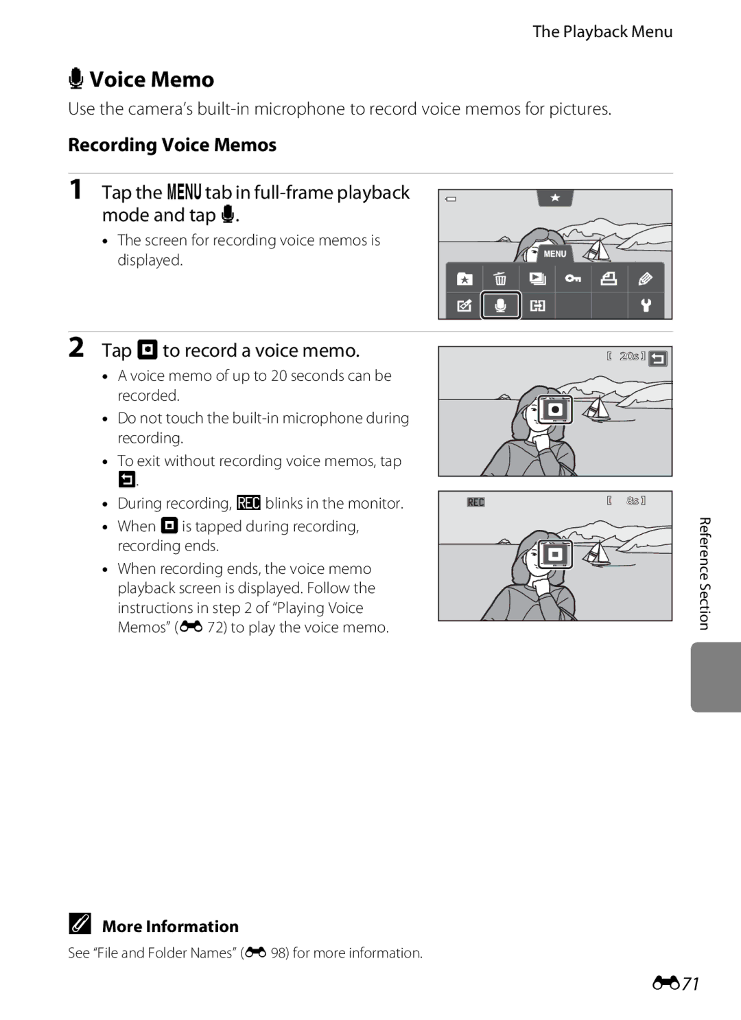 Nikon COOLPIXS100BLK, COOLPIXS100PURPLE Recording Voice Memos, Tap the dtab in full-frame playback mode and tap E, E71 