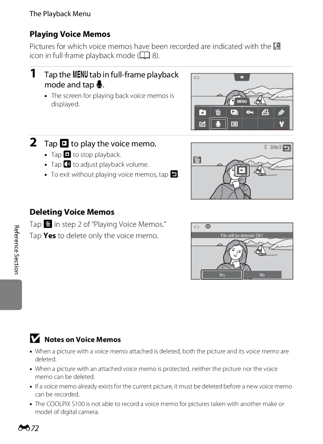 Nikon COOLPIXS100PURPLE, COOLPIXS100RED manual Playing Voice Memos, Tap Rto play the voice memo, Deleting Voice Memos, E72 
