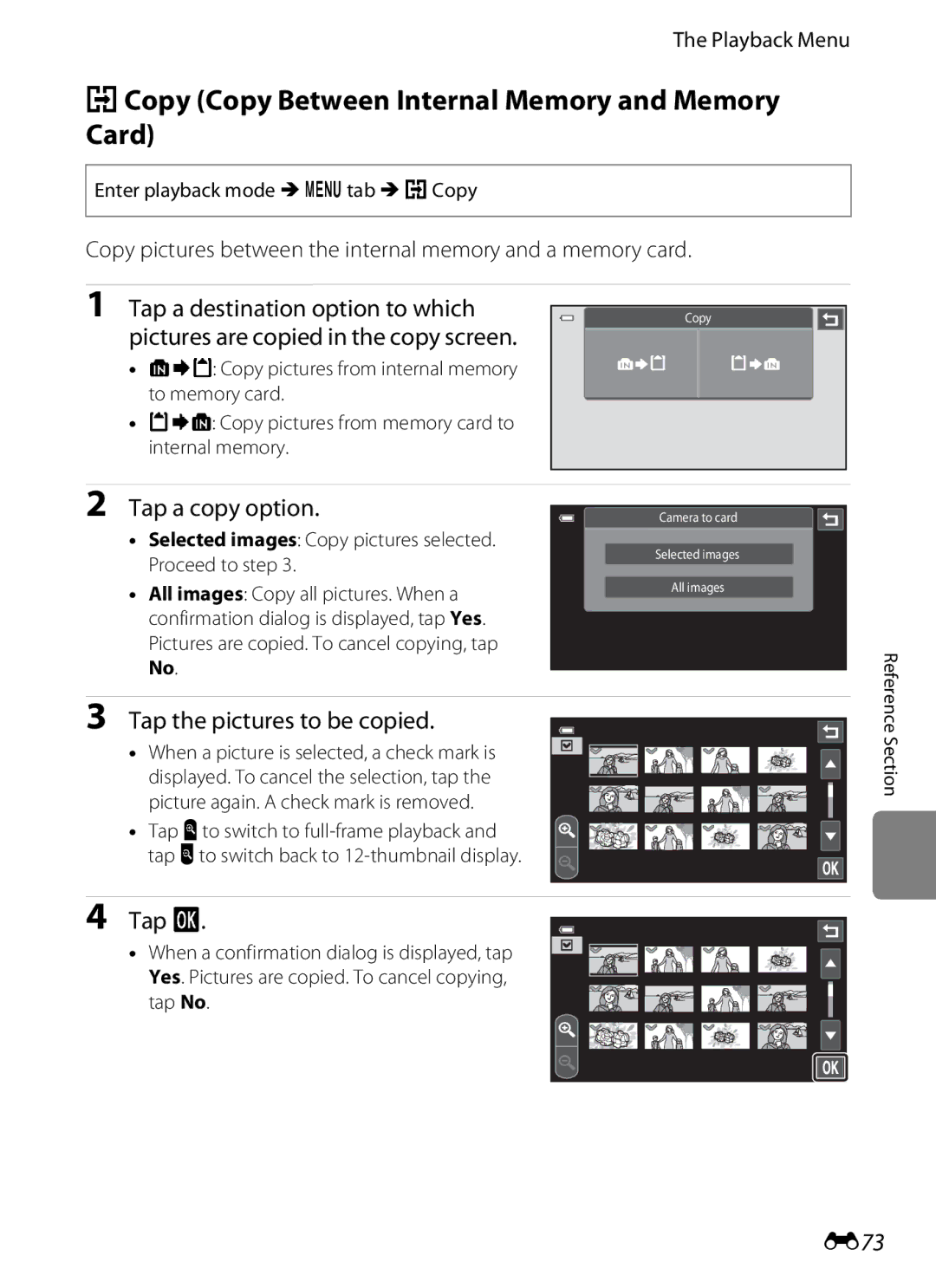 Nikon COOLPIXS100RED, COOLPIXS100PURPLE, COOLPIXS100GOLD manual HCopy Copy Between Internal Memory and Memory Card, E73 