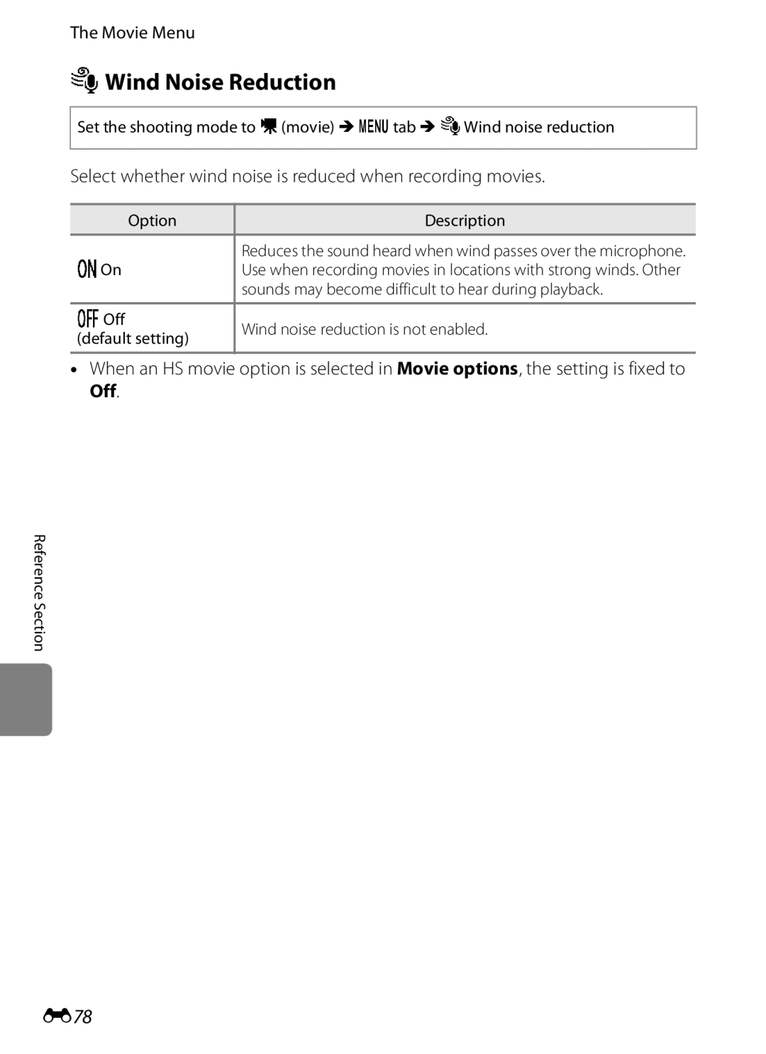 Nikon COOLPIXS100GOLD manual YWind Noise Reduction, E78, Select whether wind noise is reduced when recording movies 