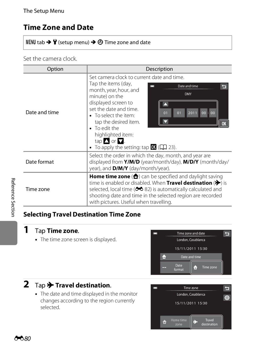 Nikon COOLPIXS100PURPLE Time Zone and Date, Selecting Travel Destination Time Zone Tap Time zone, Tap xTravel destination 