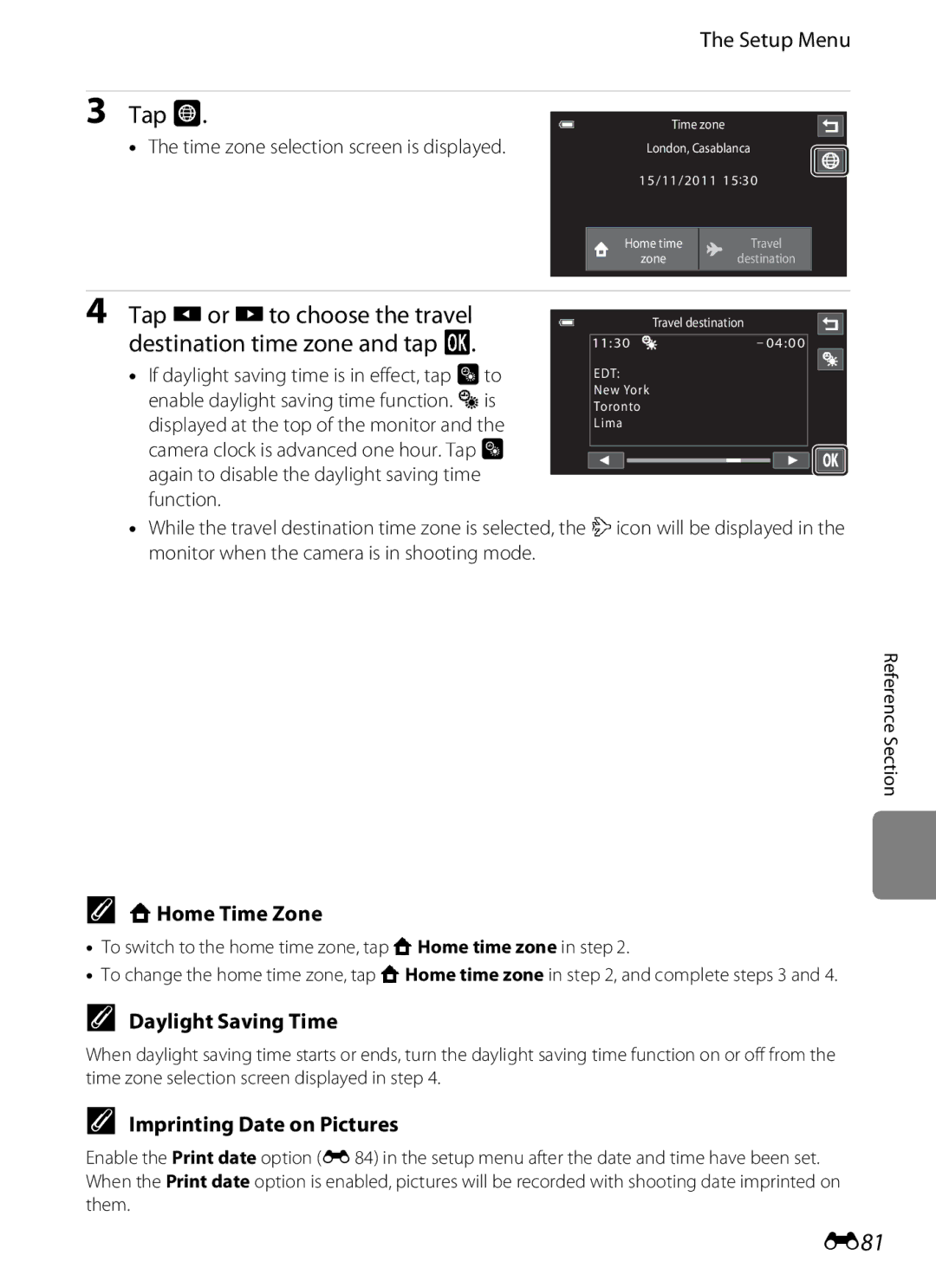 Nikon COOLPIXS100RED, COOLPIXS100PURPLE Tap Eor Fto choose the travel destination time zone and tap, E81, WHome Time Zone 