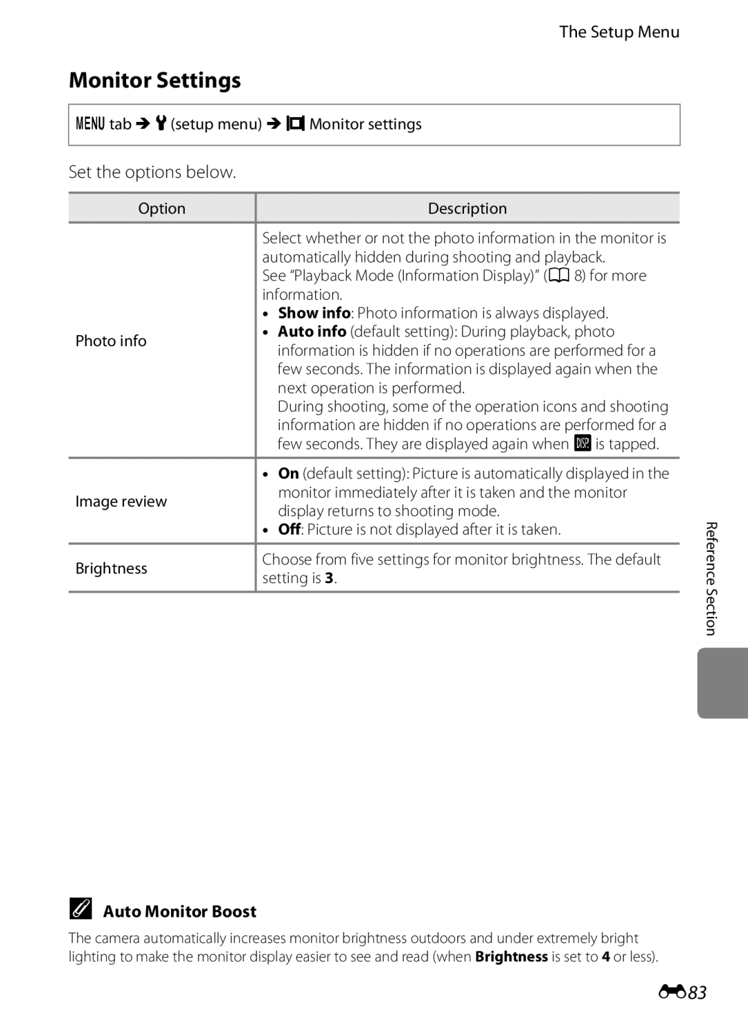 Nikon COOLPIXS100BLK, COOLPIXS100PURPLE, COOLPIXS100RED Monitor Settings, E83, Set the options below, Auto Monitor Boost 