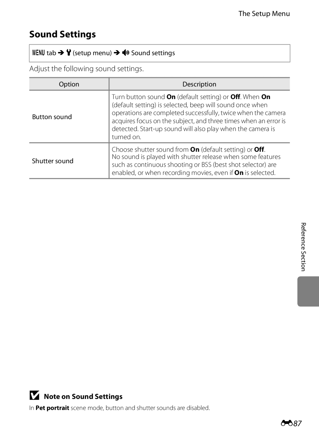 Nikon COOLPIXS100BLK, COOLPIXS100PURPLE, COOLPIXS100RED manual Sound Settings, E87, Adjust the following sound settings 