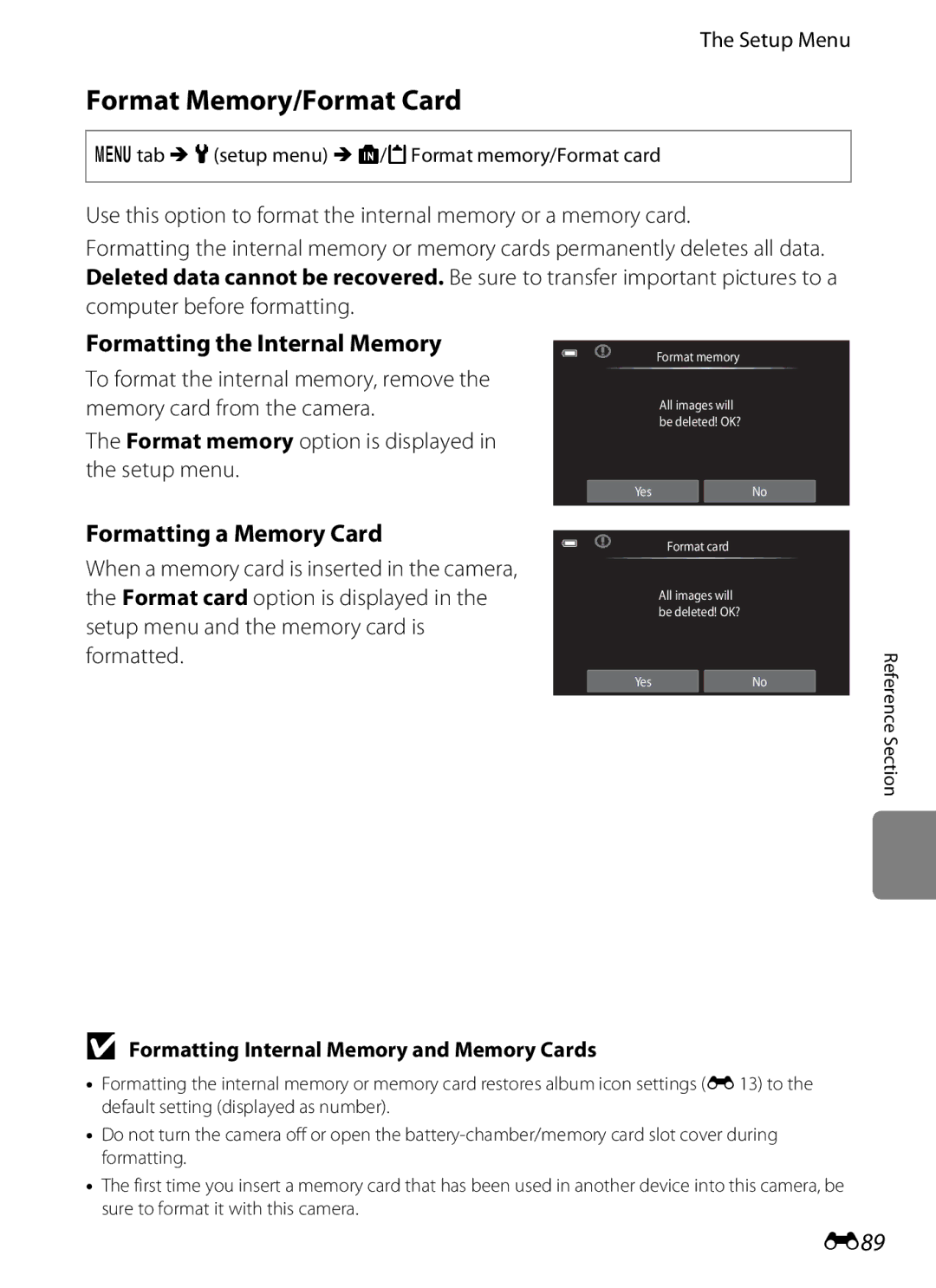 Nikon COOLPIXS100RED manual Format Memory/Format Card, Formatting the Internal Memory, Formatting a Memory Card, E89 