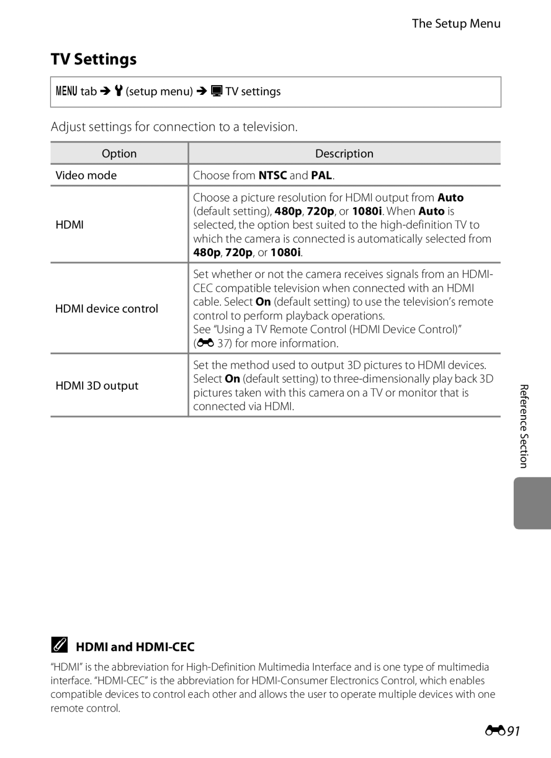 Nikon COOLPIXS100BLK TV Settings, E91, Adjust settings for connection to a television, Hdmi and HDMI-CEC, 480p , 720p , or 