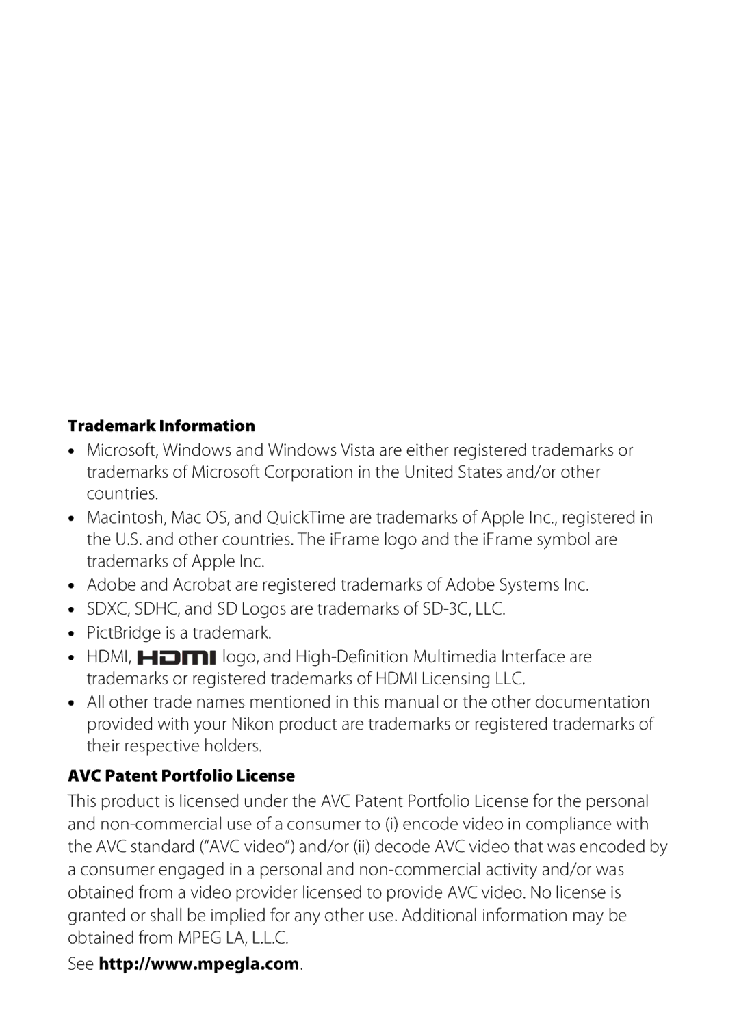 Nikon COOLPIXS100GOLD, COOLPIXS100PURPLE, COOLPIXS100RED, COOLPIXS100BLK Trademark Information, AVC Patent Portfolio License 