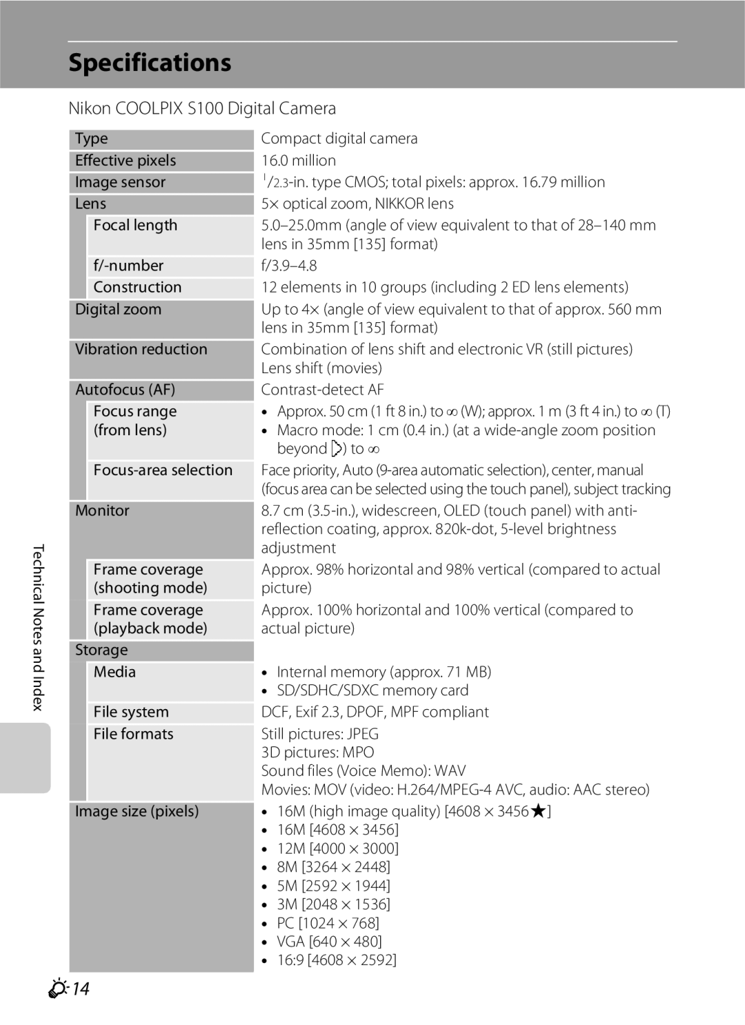 Nikon COOLPIXS100GOLD, COOLPIXS100PURPLE, COOLPIXS100RED manual Specifications, F14, Nikon Coolpix S100 Digital Camera 