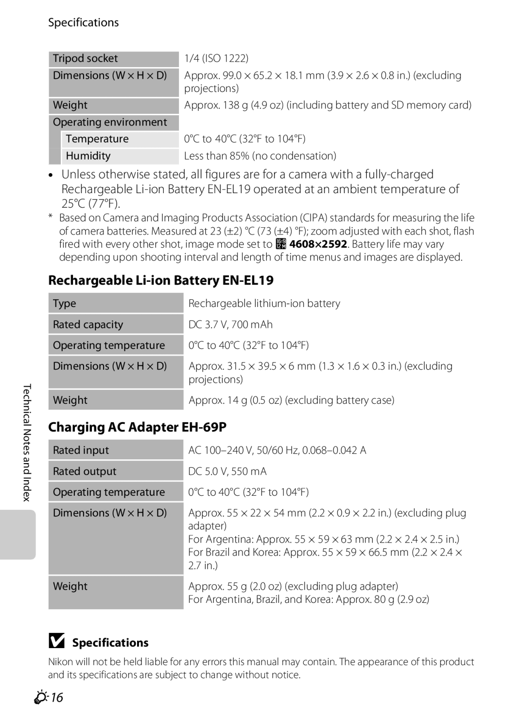 Nikon COOLPIXS100PURPLE Rechargeable Li-ion Battery EN-EL19, Charging AC Adapter EH-69P, F16, 25C 77F, Specifications 